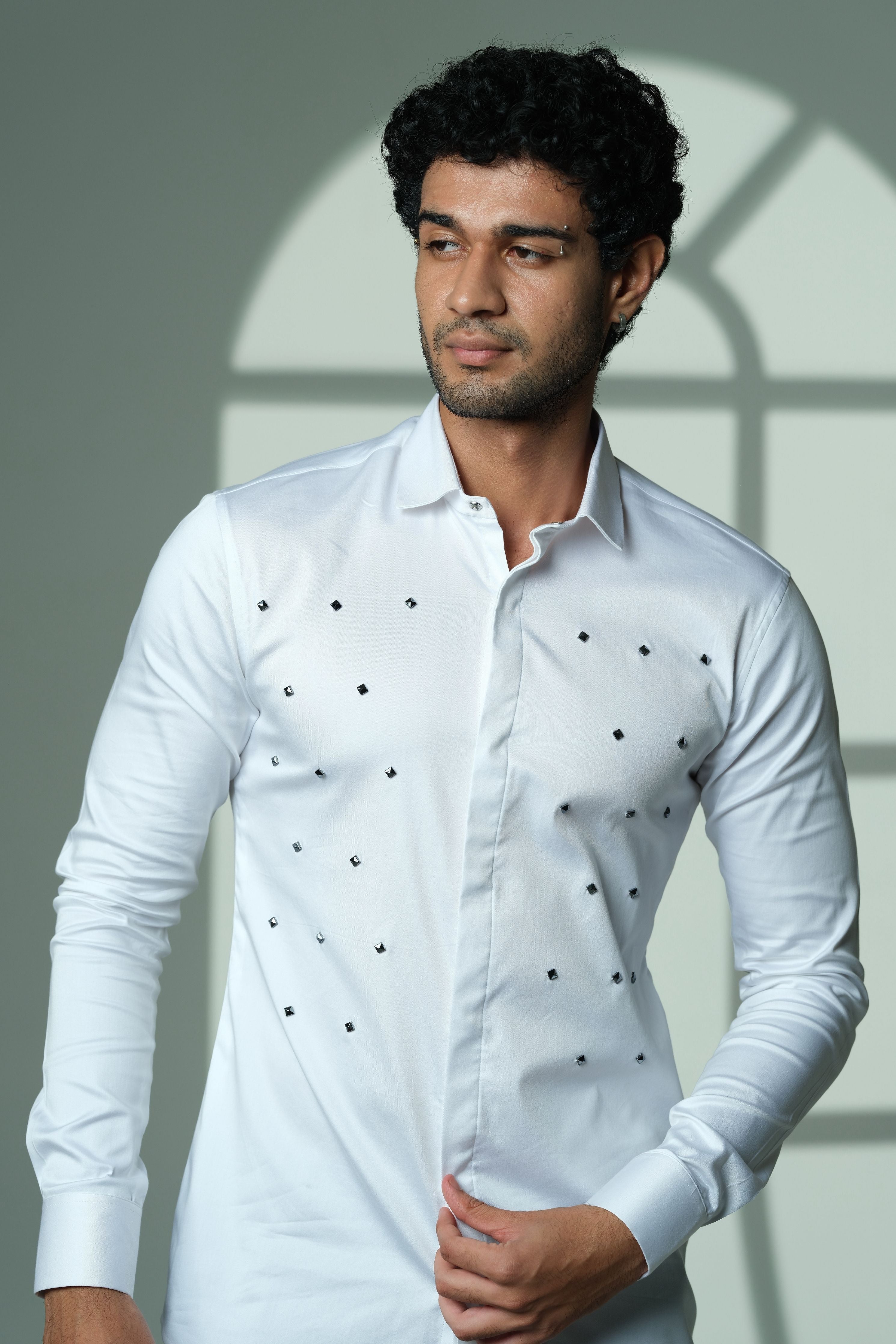 Pyramid Polka- White Shirt With Onyx Stud Embellisment