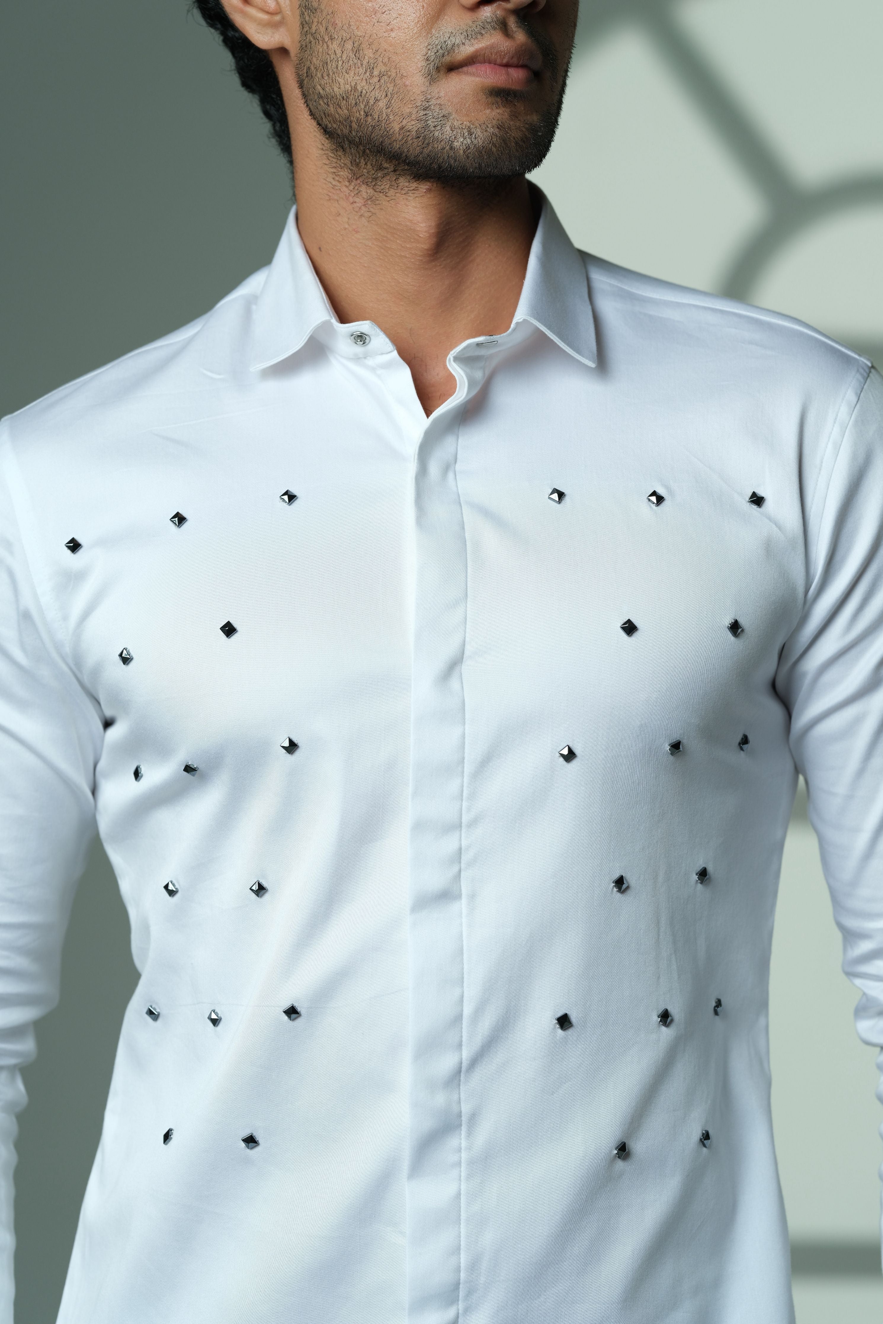 Pyramid Polka- White Shirt With Onyx Stud Embellisment
