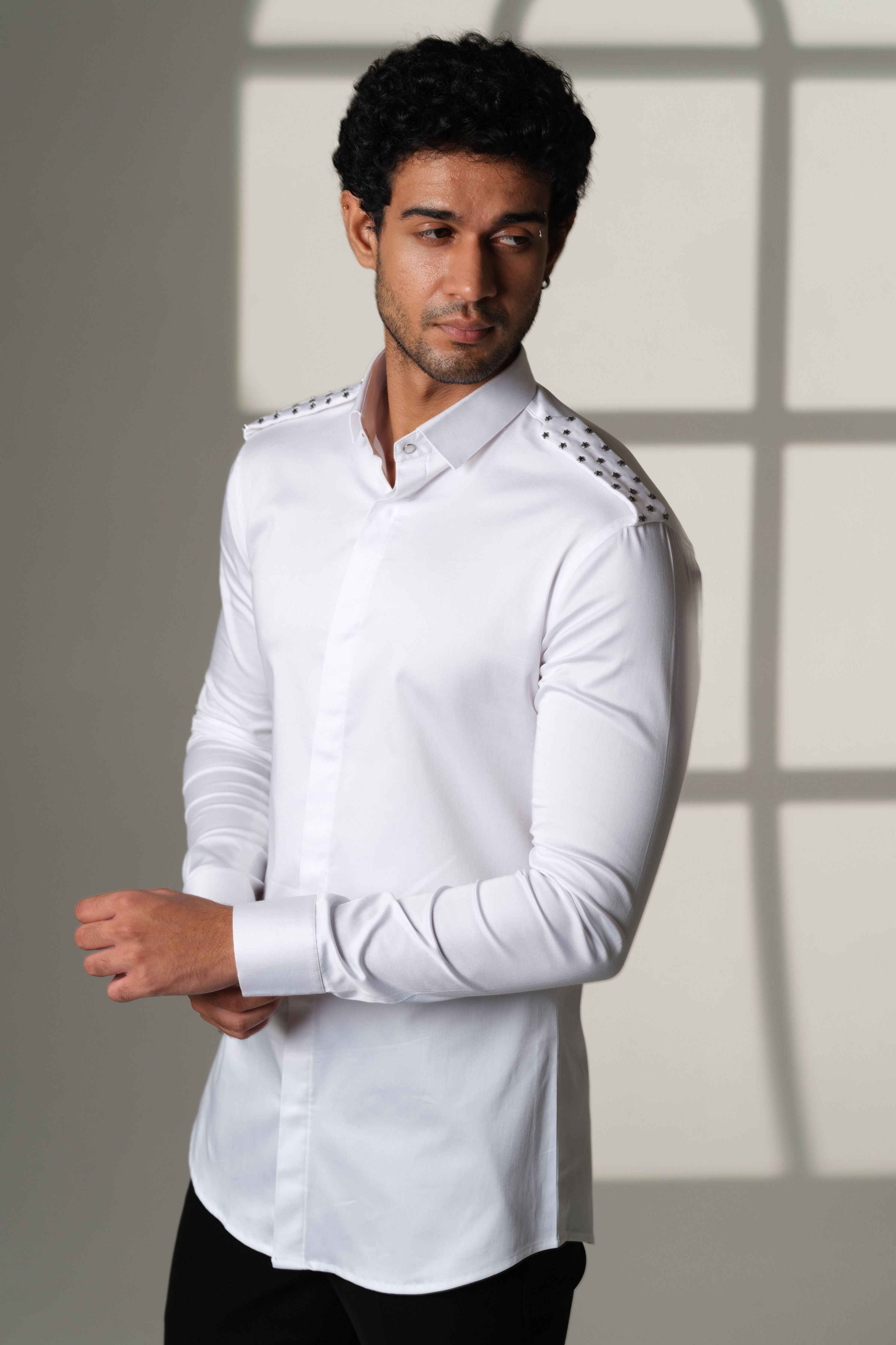 White Shirt With Star Studded Shoulder Flaps