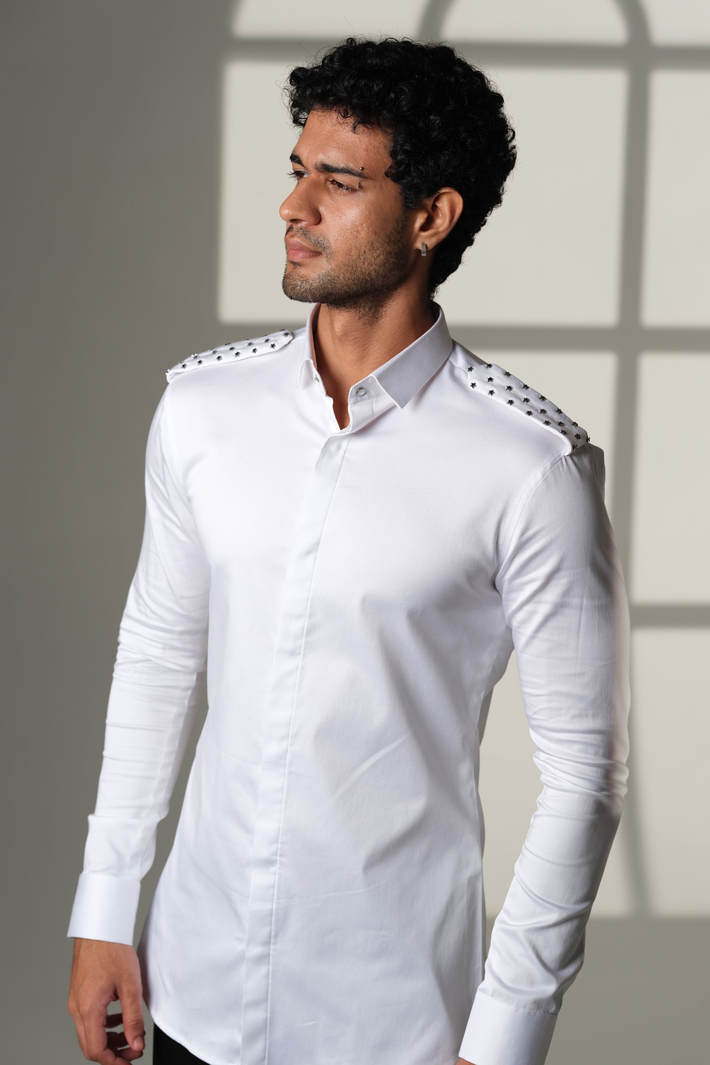 White Shirt With Star Studded Shoulder Flaps