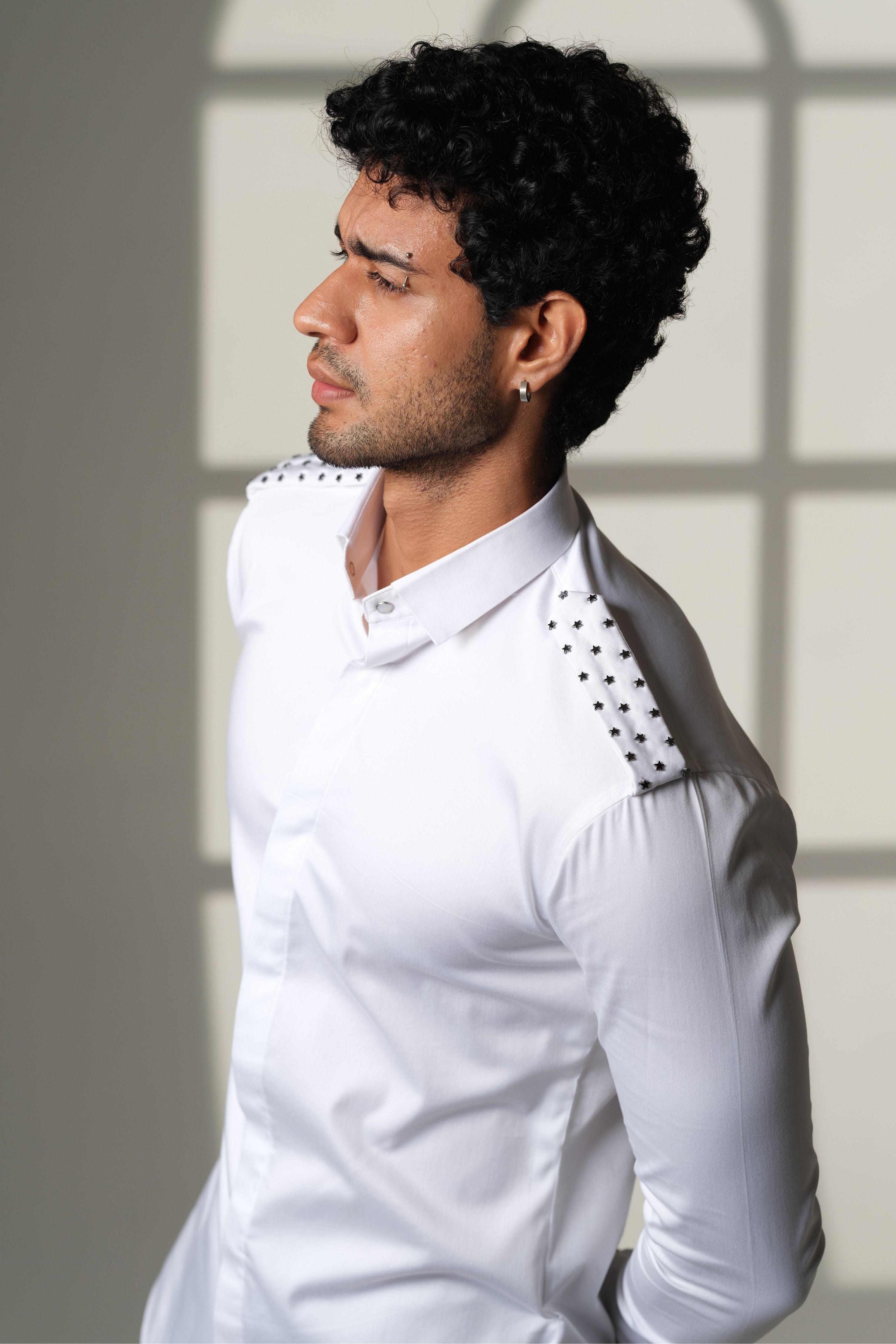 White Shirt With Star Studded Shoulder Flaps