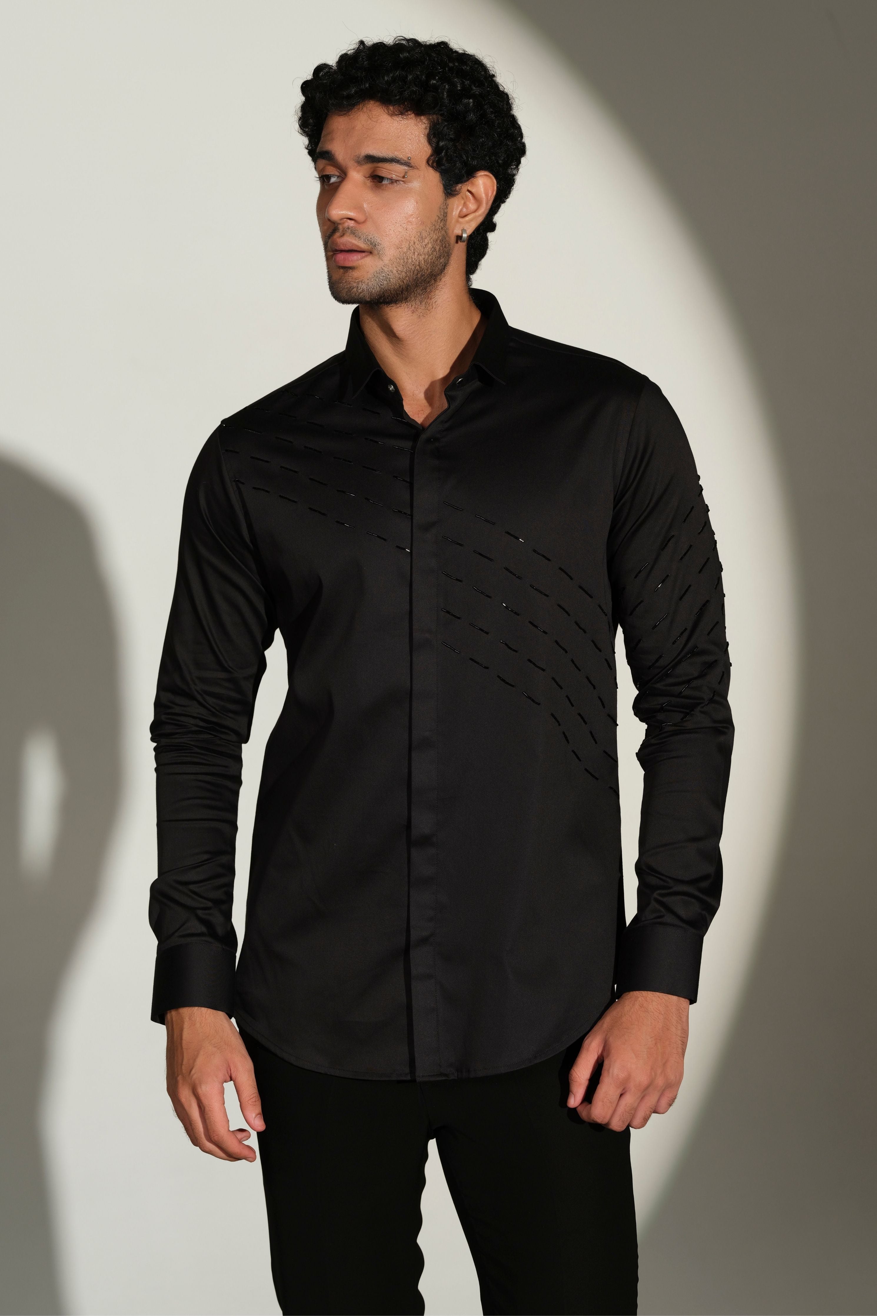 Black Shirt With Black Slanting Sally Lines