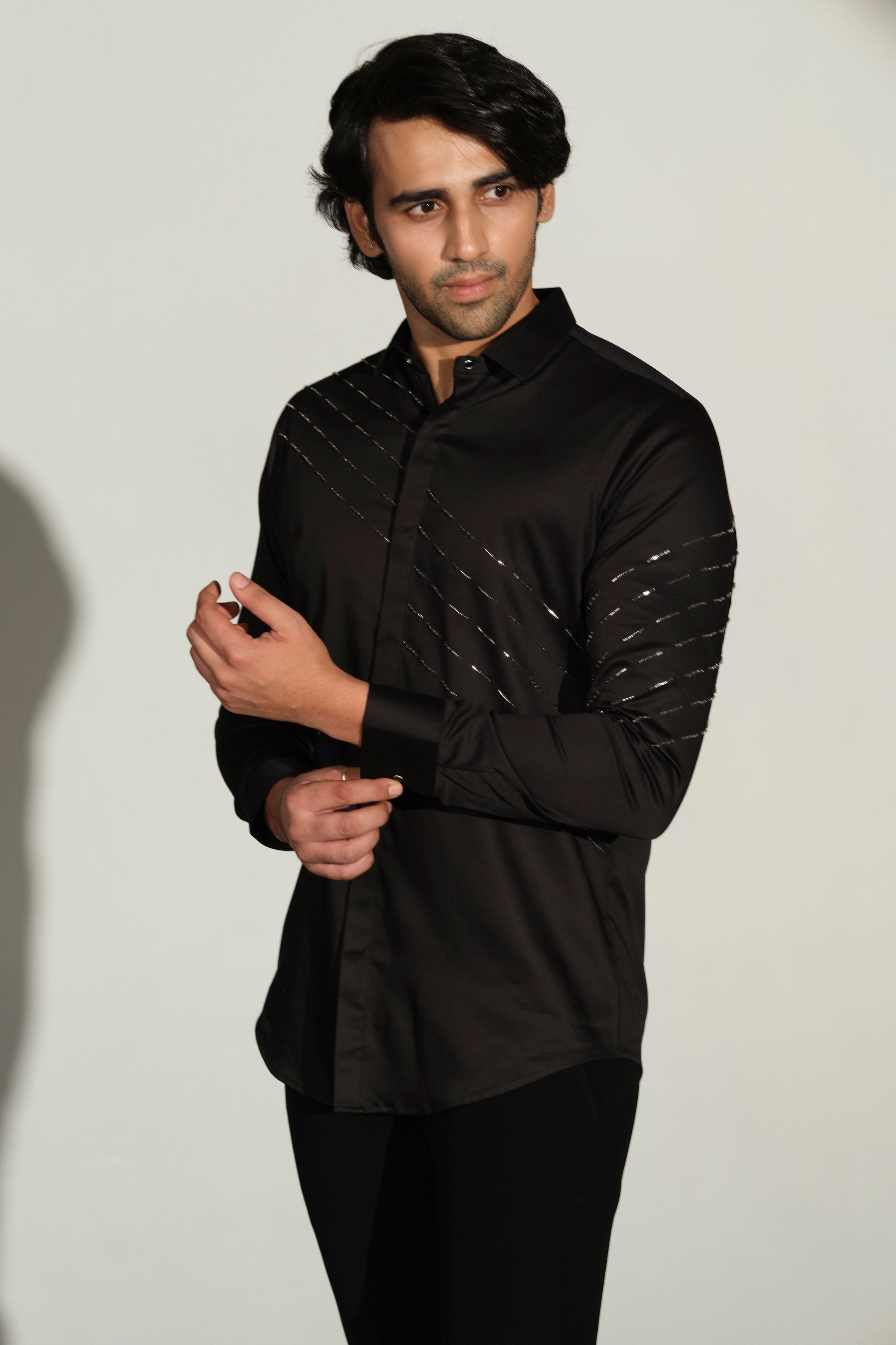 Black Shirt With Silver Slanting Sally Lines