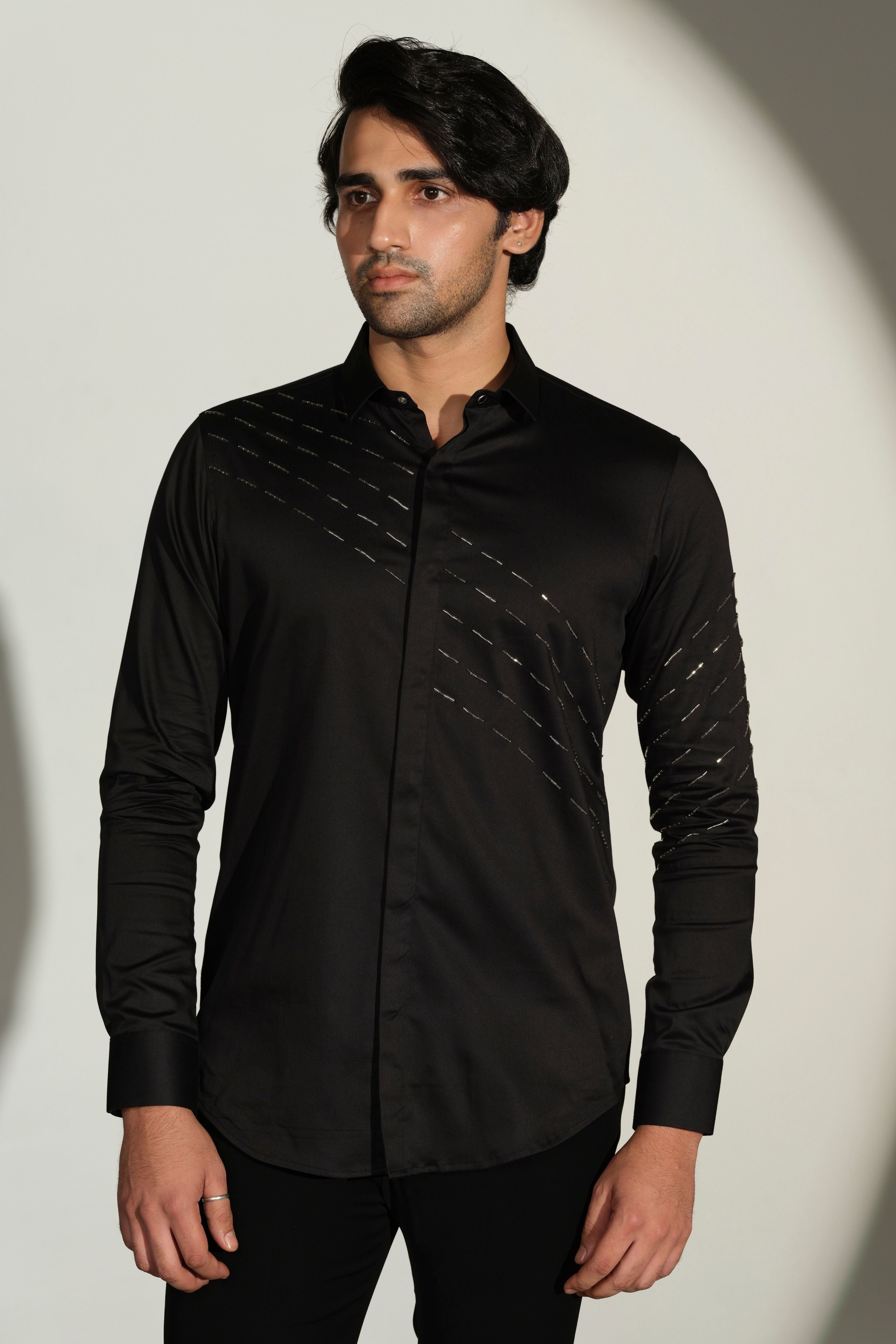 Black Shirt With Silver Slanting Sally Lines