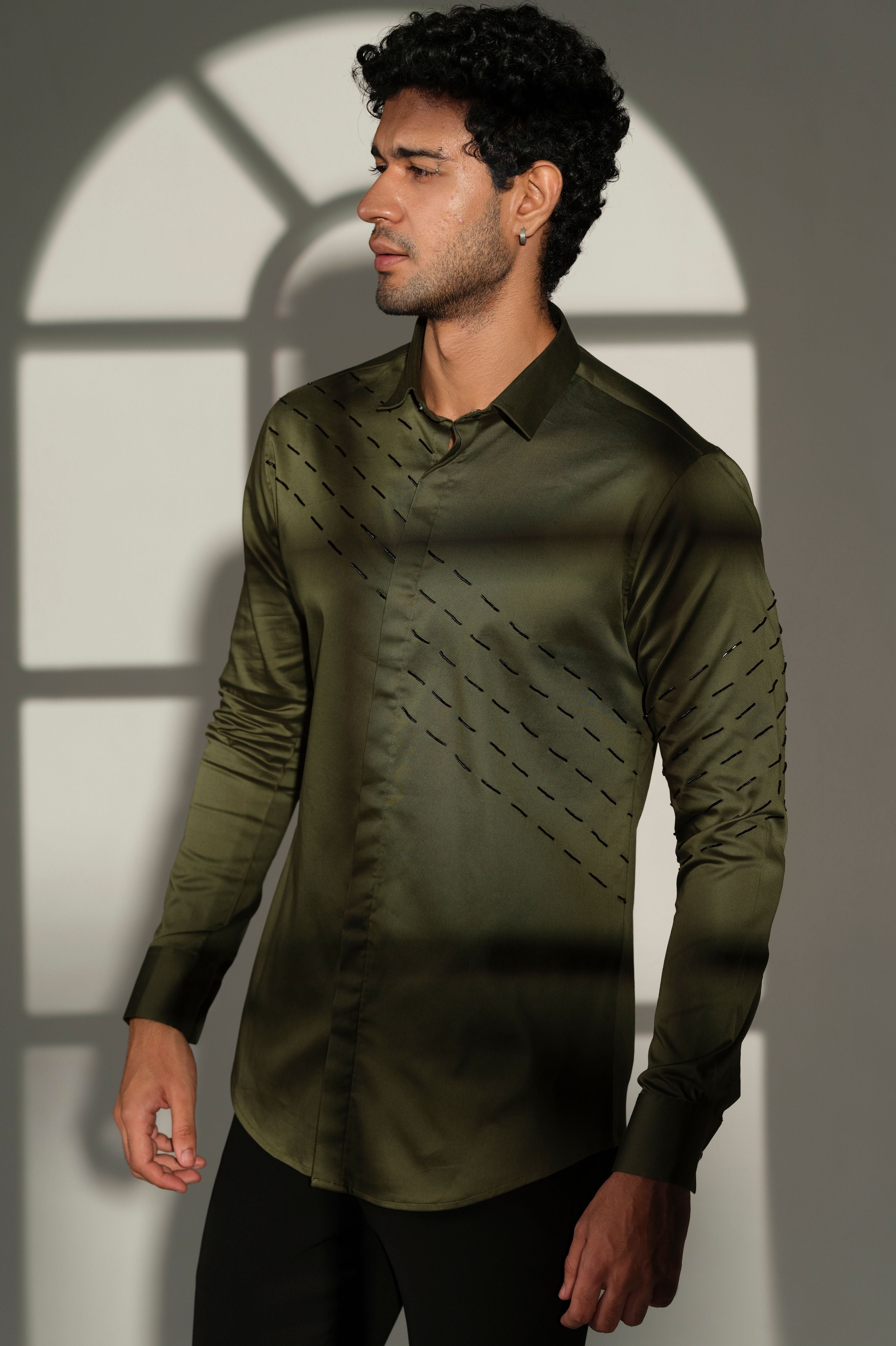 Olive Green Shirt With Black Slanting Sally Lines