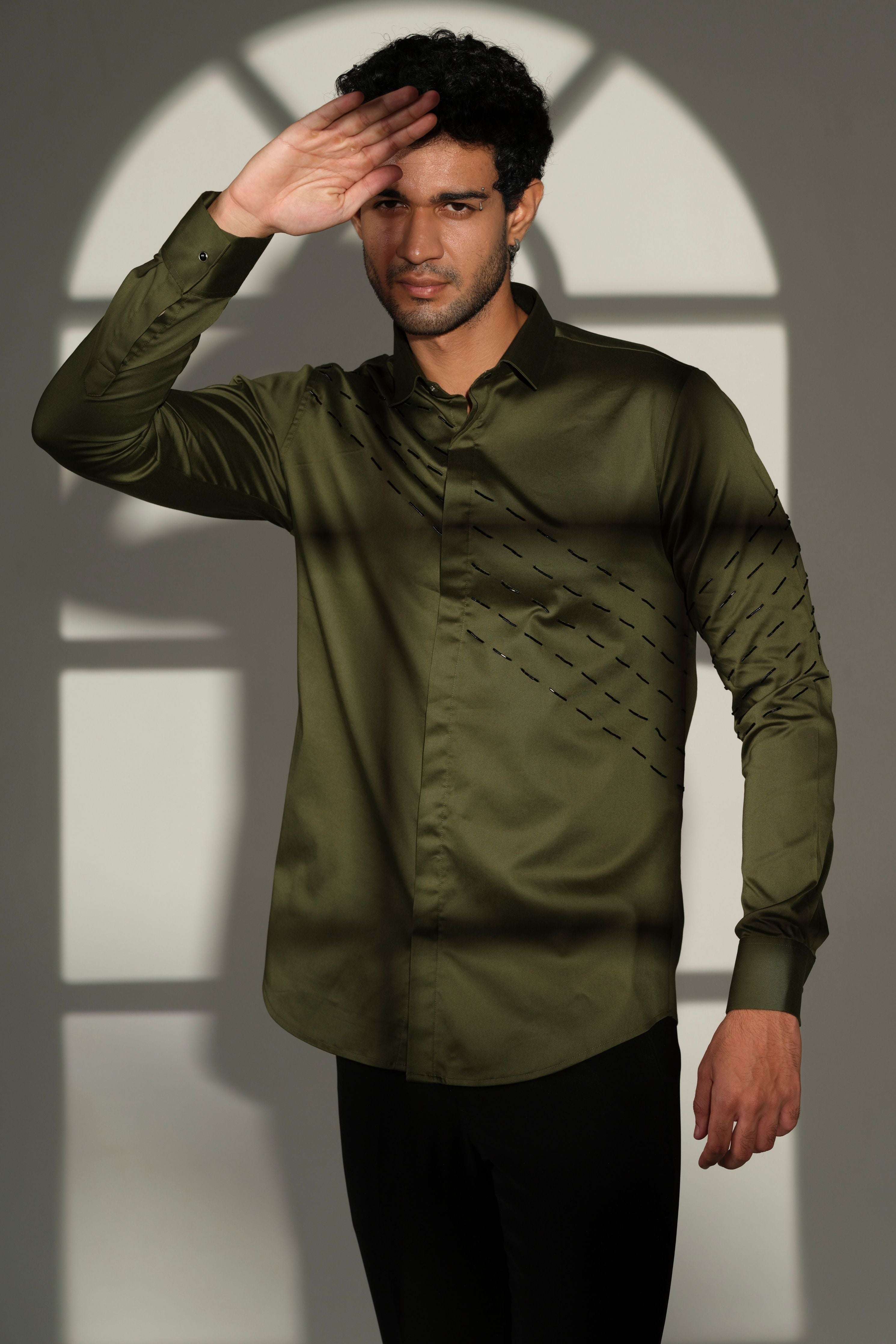 Olive Green Shirt With Black Slanting Sally Lines