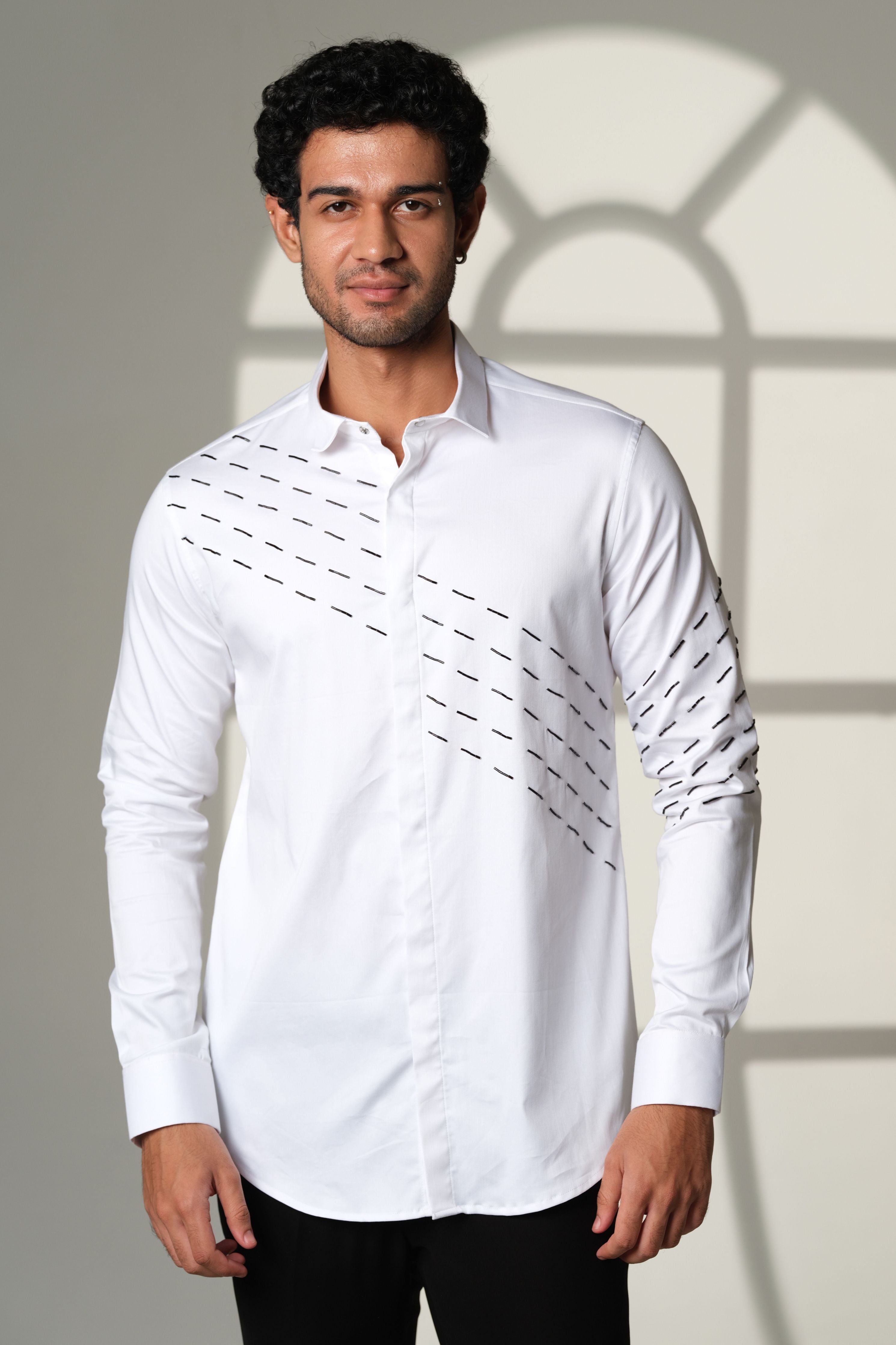White Shirt With Black Slanting Sally Lines