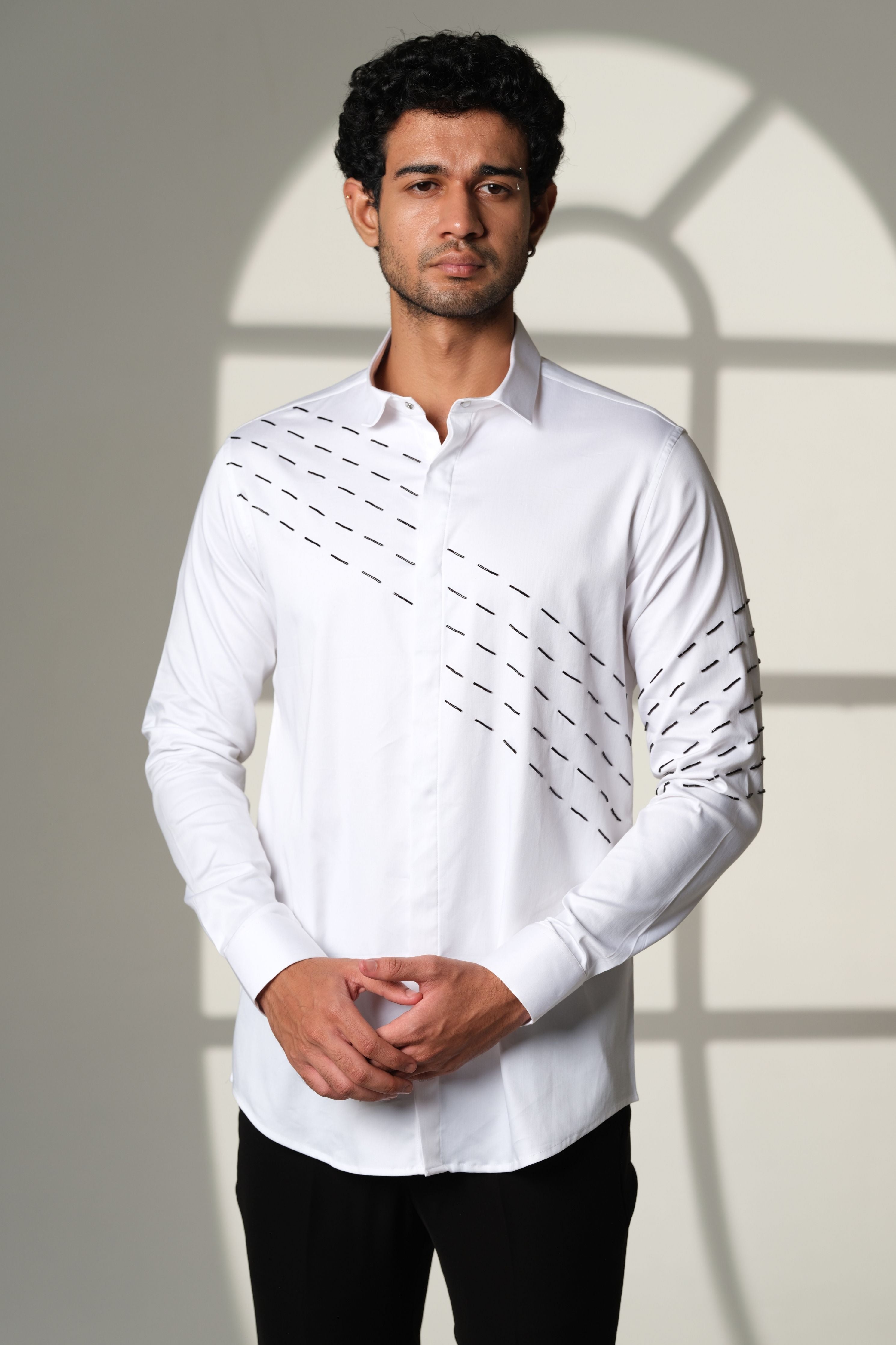 White Shirt With Black Slanting Sally Lines
