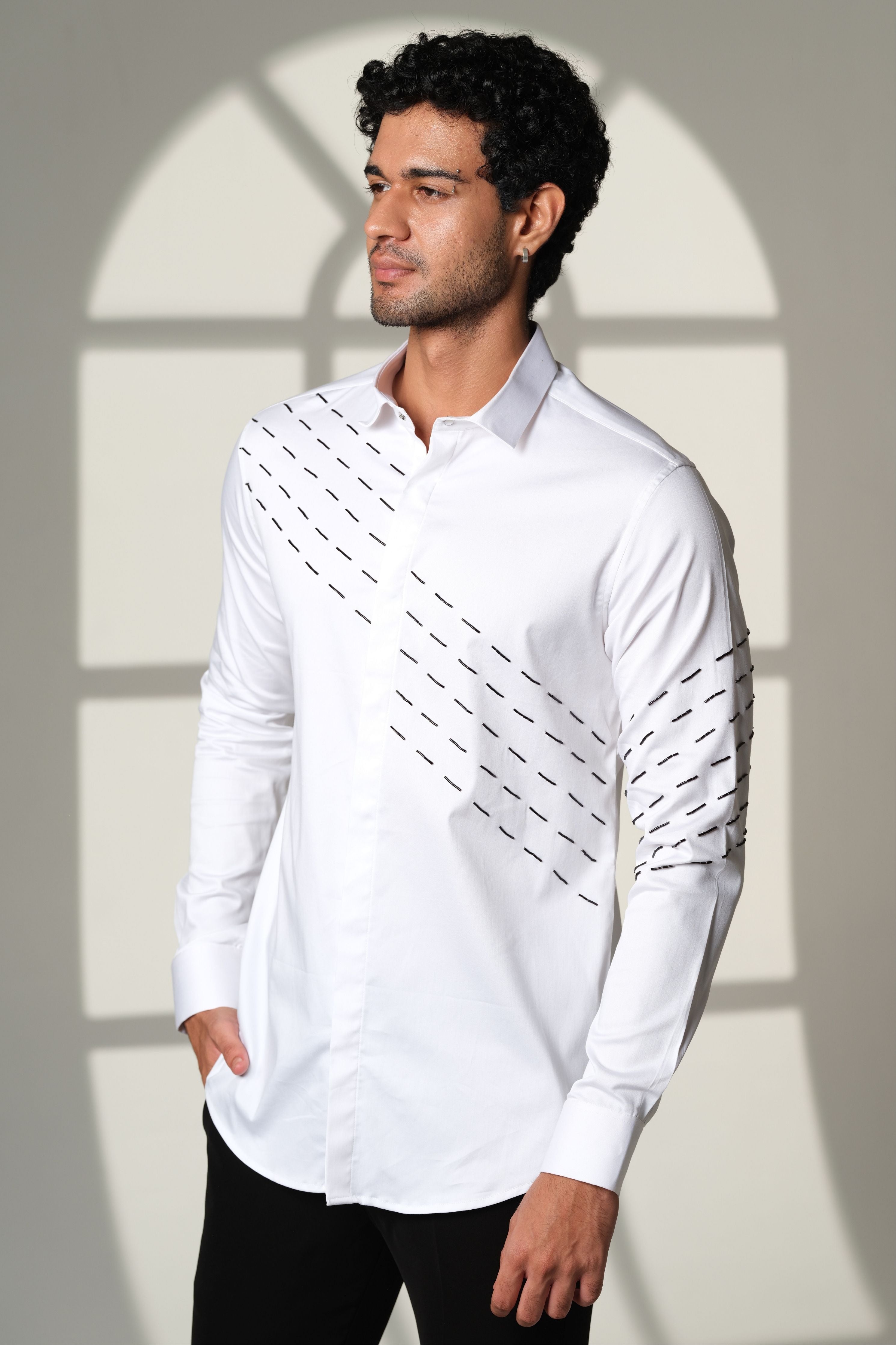 White Shirt With Black Slanting Sally Lines