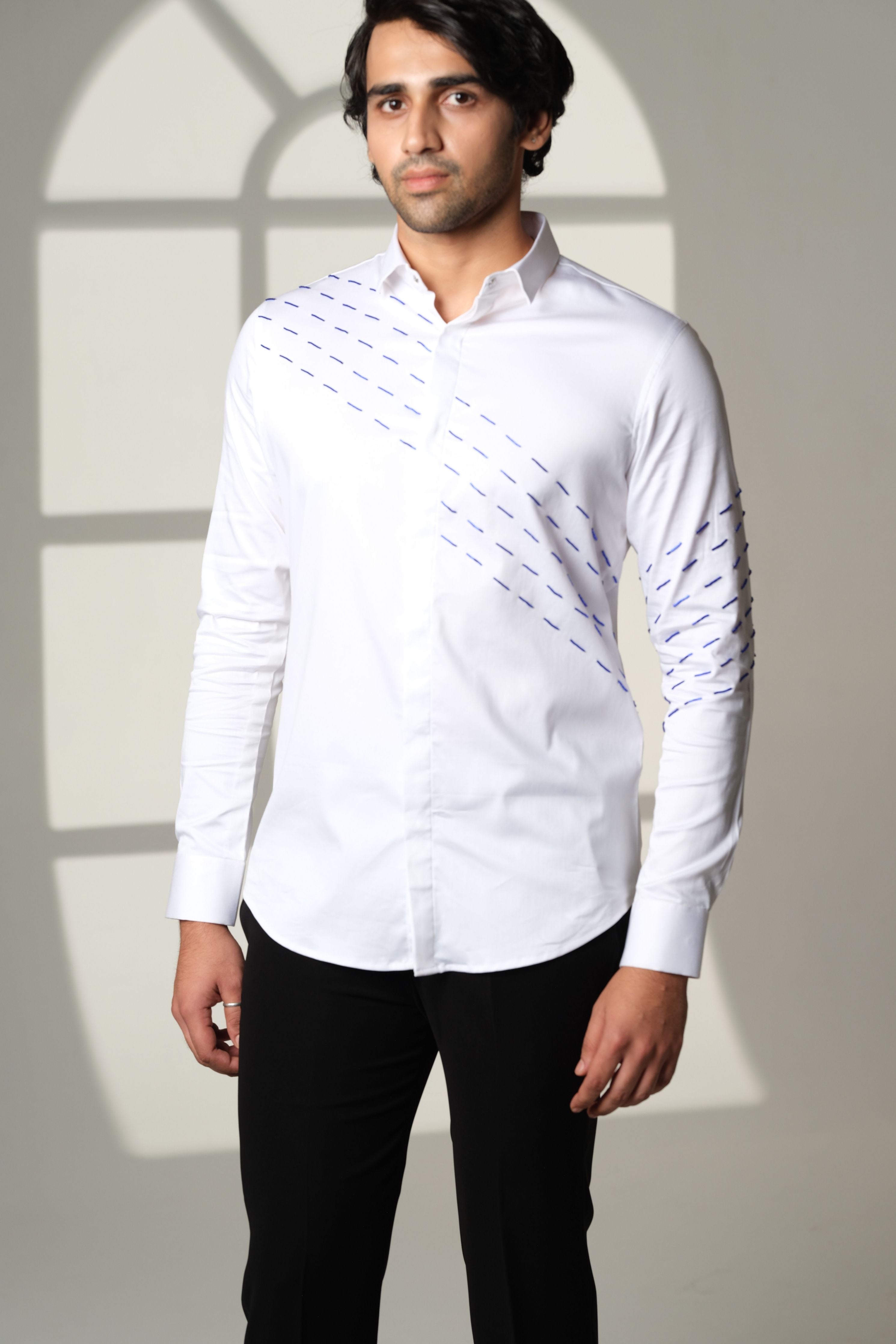 White Shirt With Blue Slanting Sally Lines