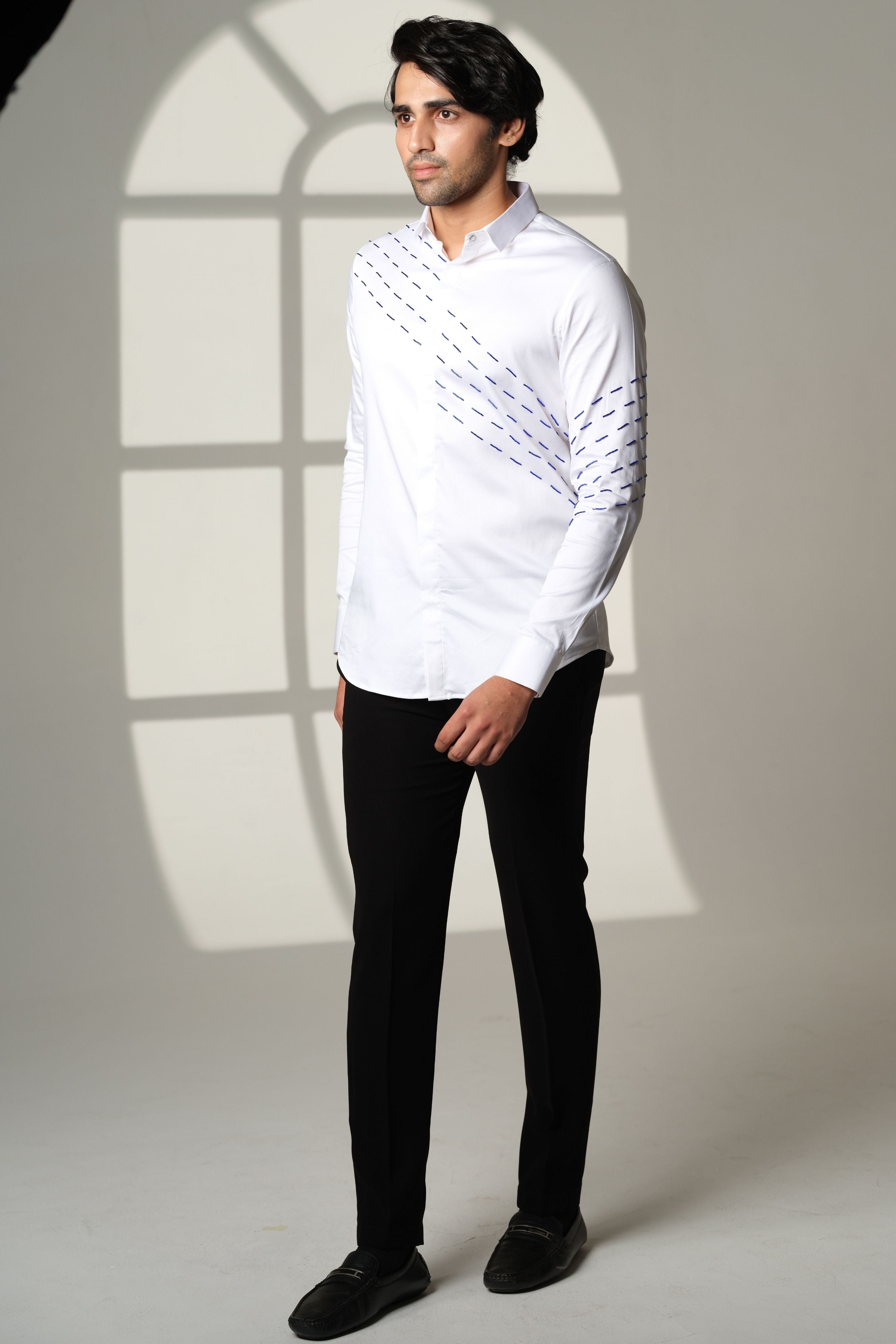White Shirt With Blue Slanting Sally Lines