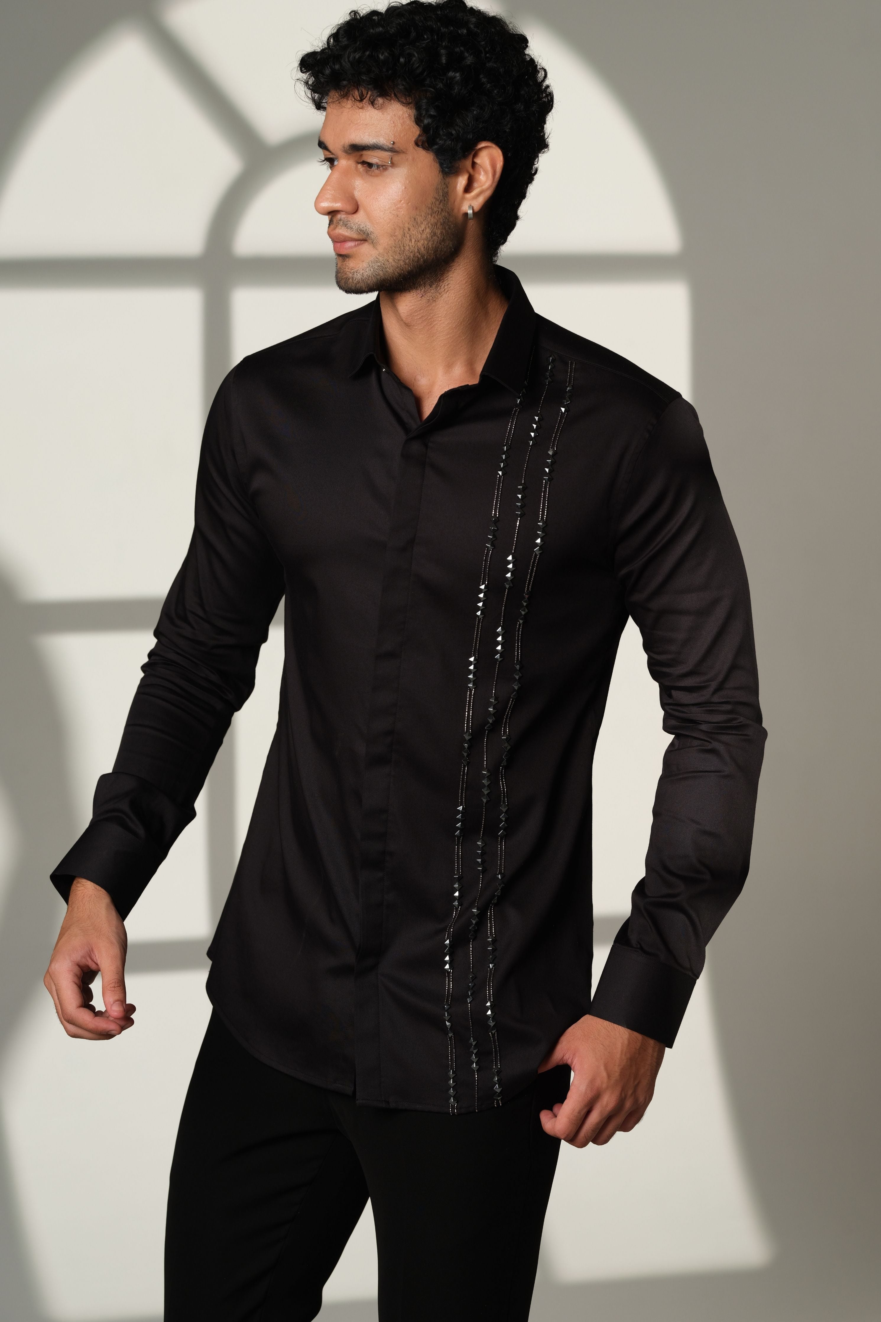 Black Shirt With Pyramid Gunmetal Cutdana Lines