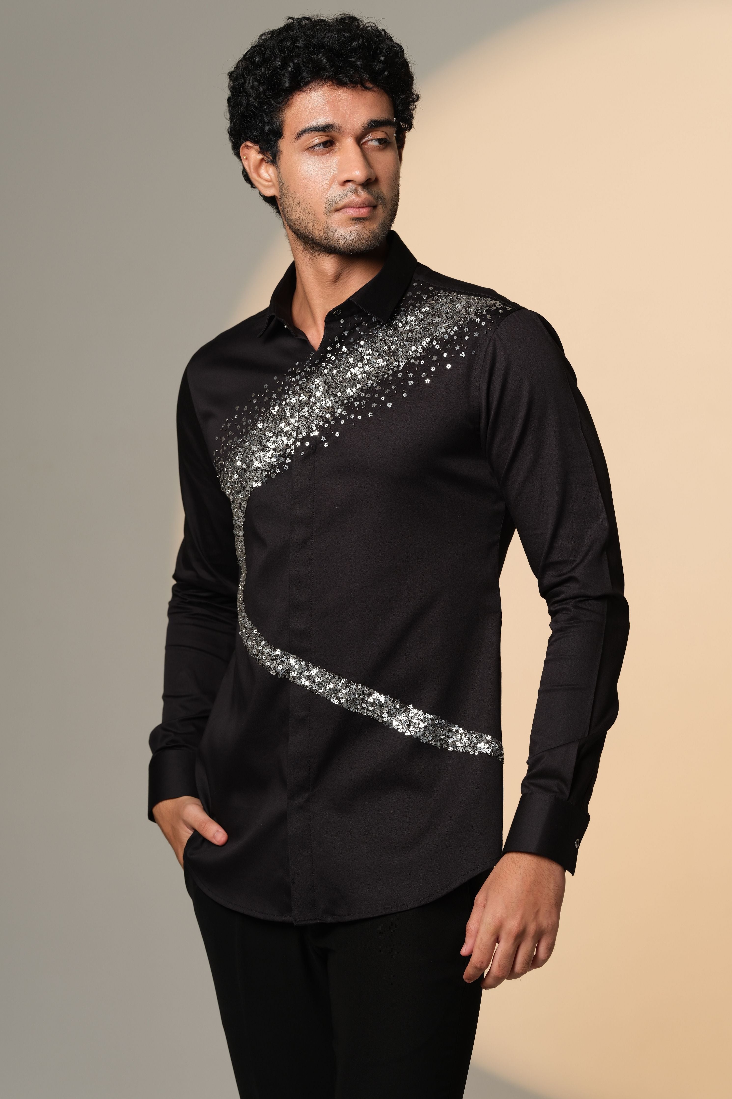 Black Shirt With Galaxy Curve Embellished