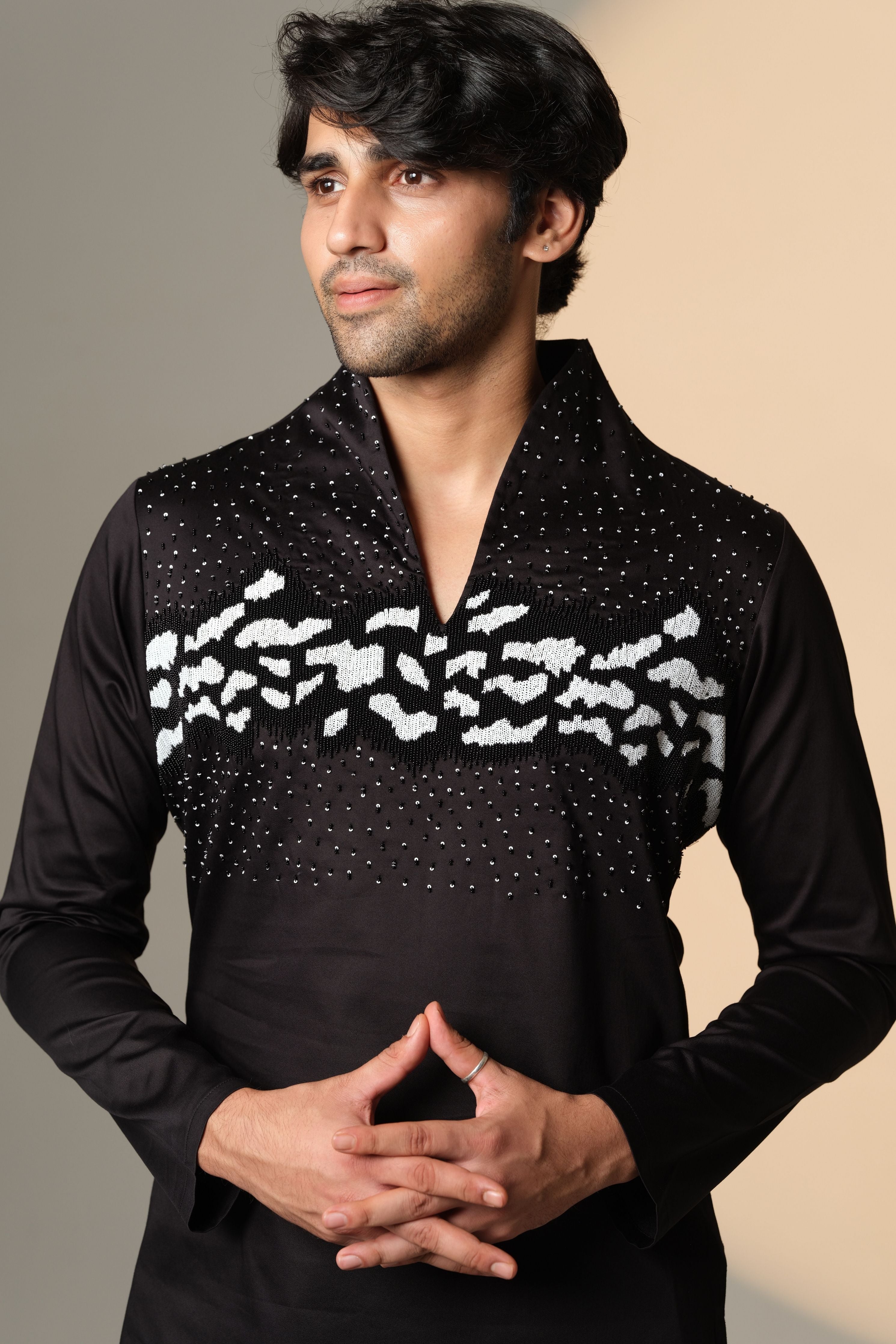 Black Kurta With Hand Beaded Abstract Monochrome Panel & Scattered Crystal Embellishment