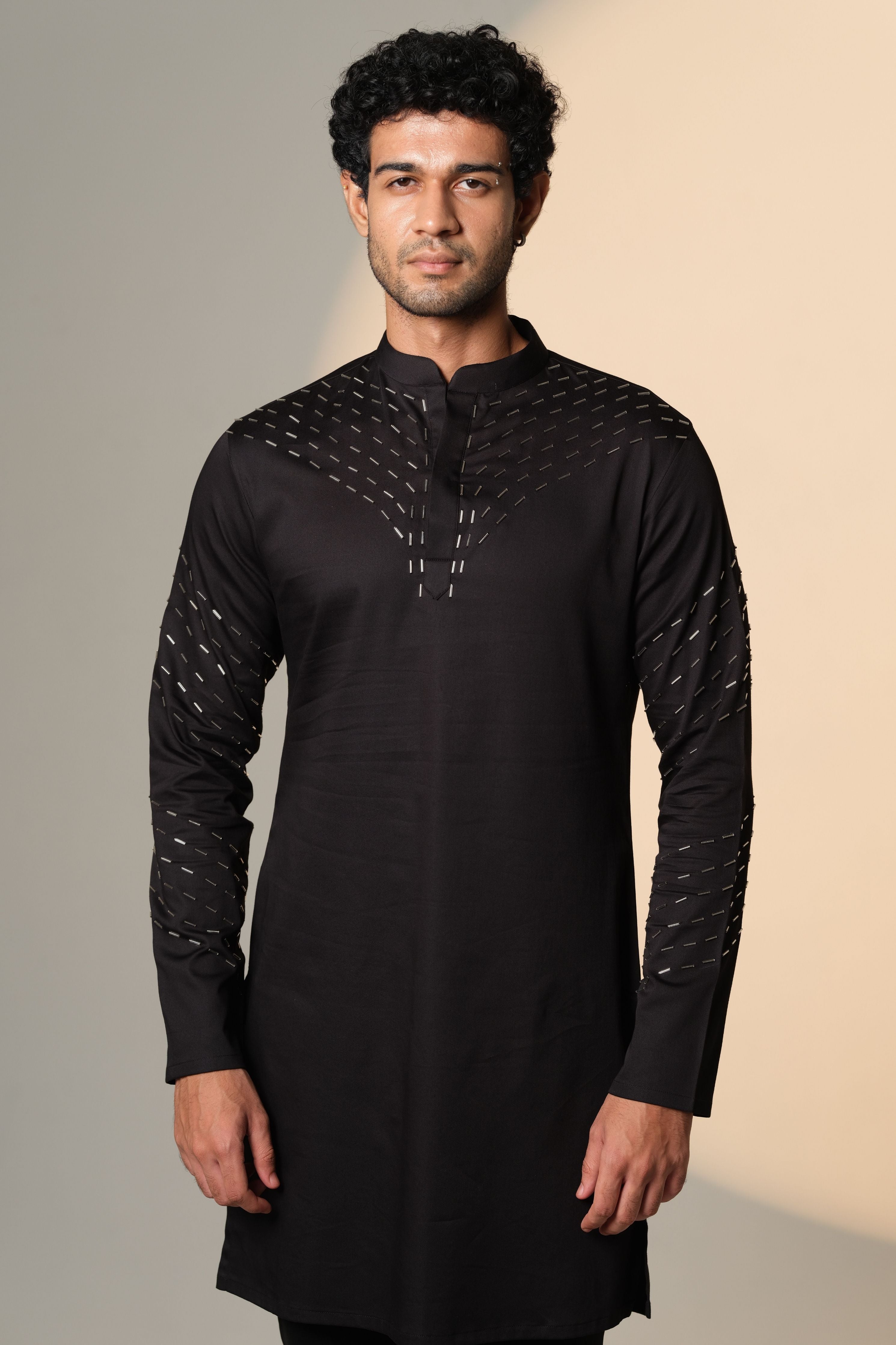 Black Kurta With V Shape Sally Design On Kurta