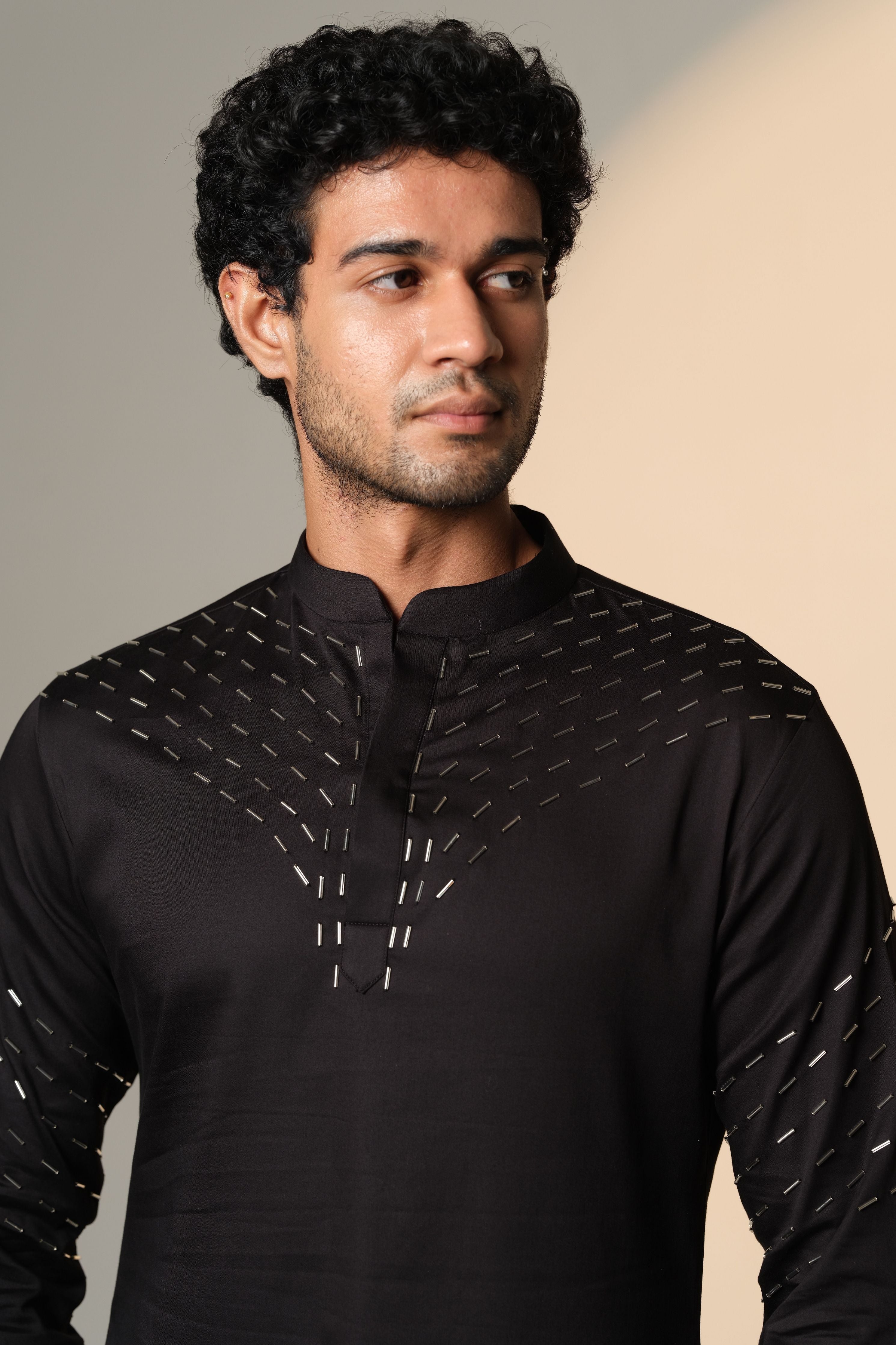 Black Kurta With V Shape Sally Design On Kurta