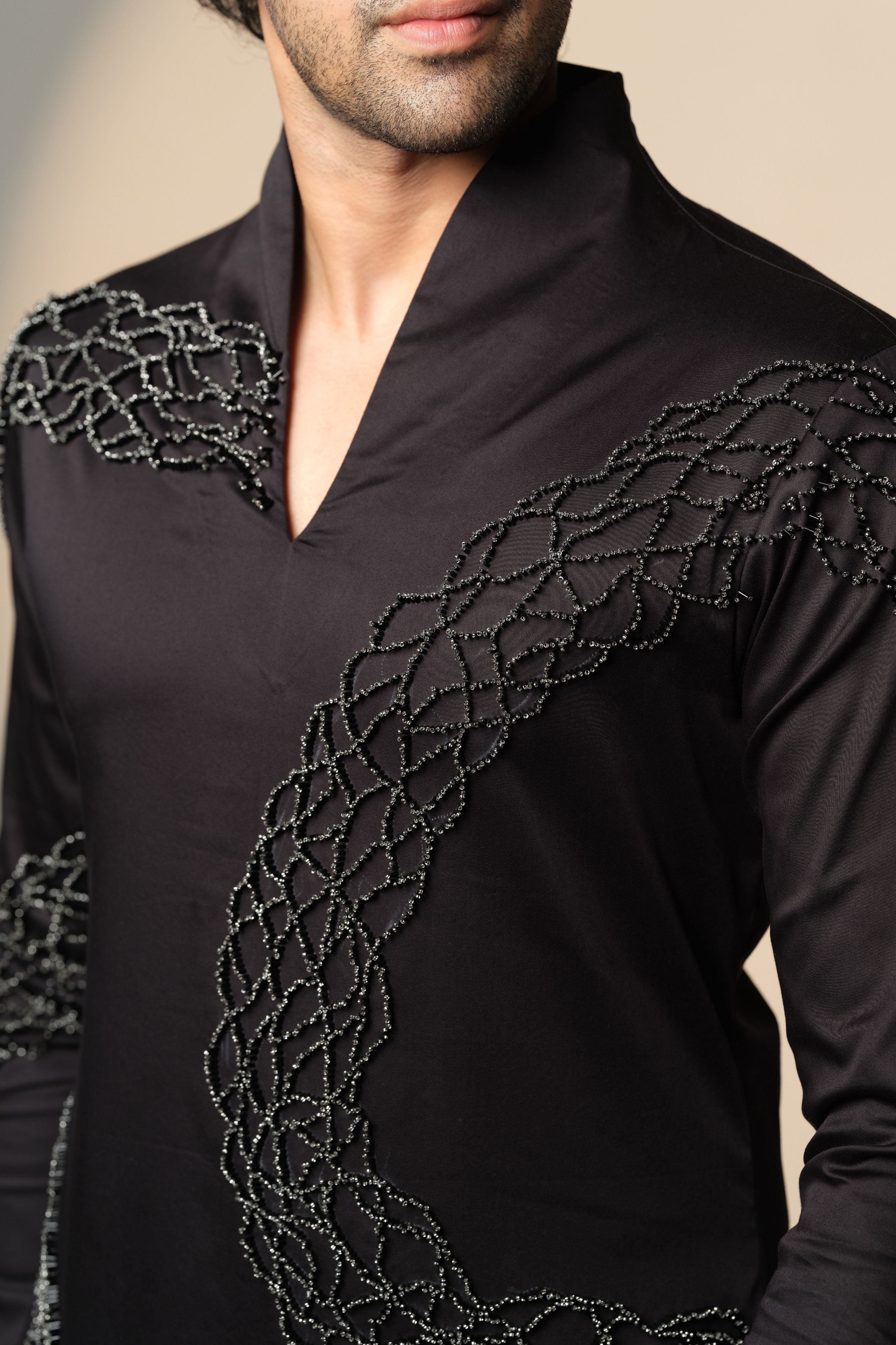 Black Wave Kurta With Standing Sally and Poth Embellishment