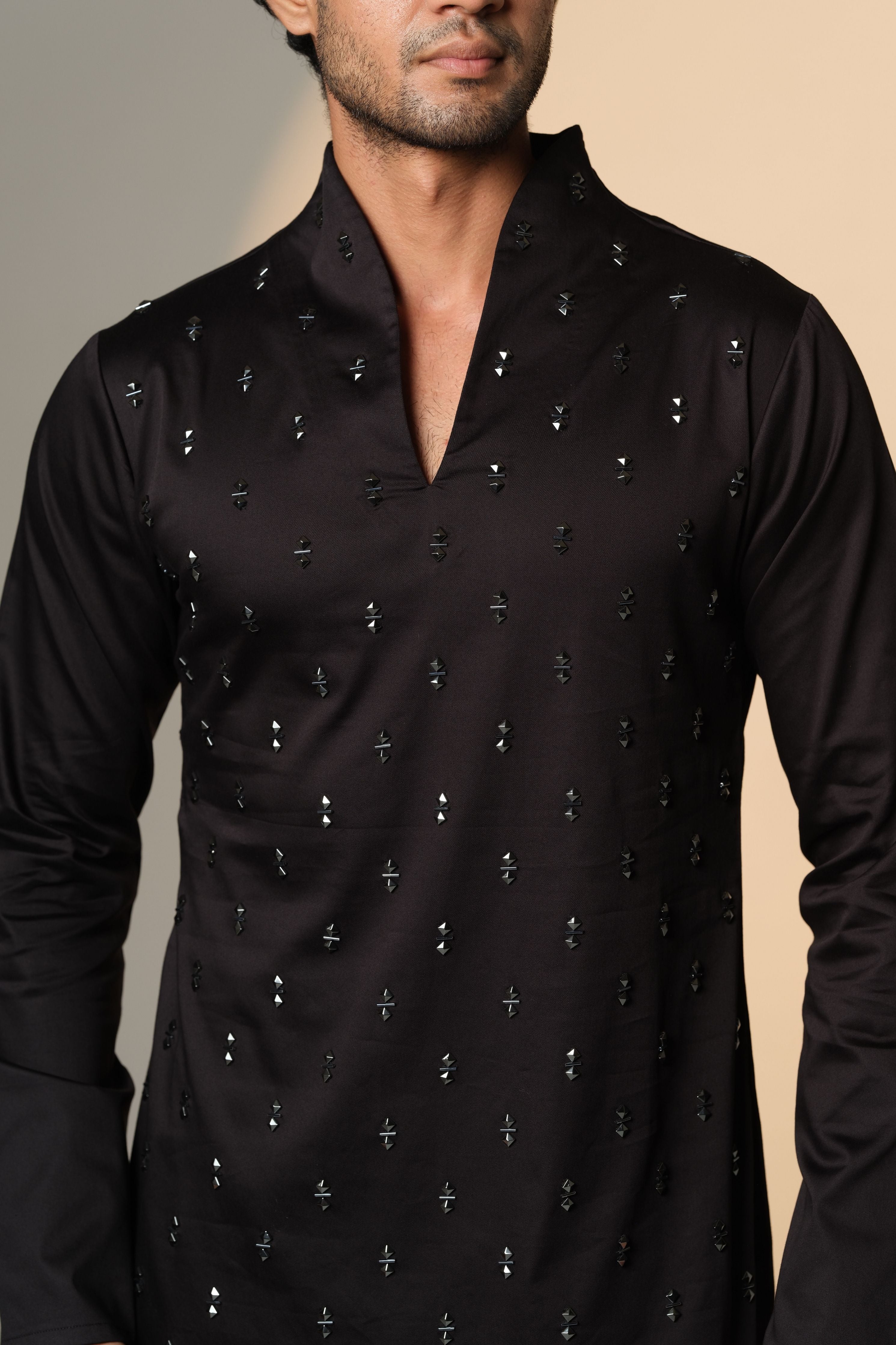 Black Kurta with Double Pyramid With Center - Sally Chitha Work