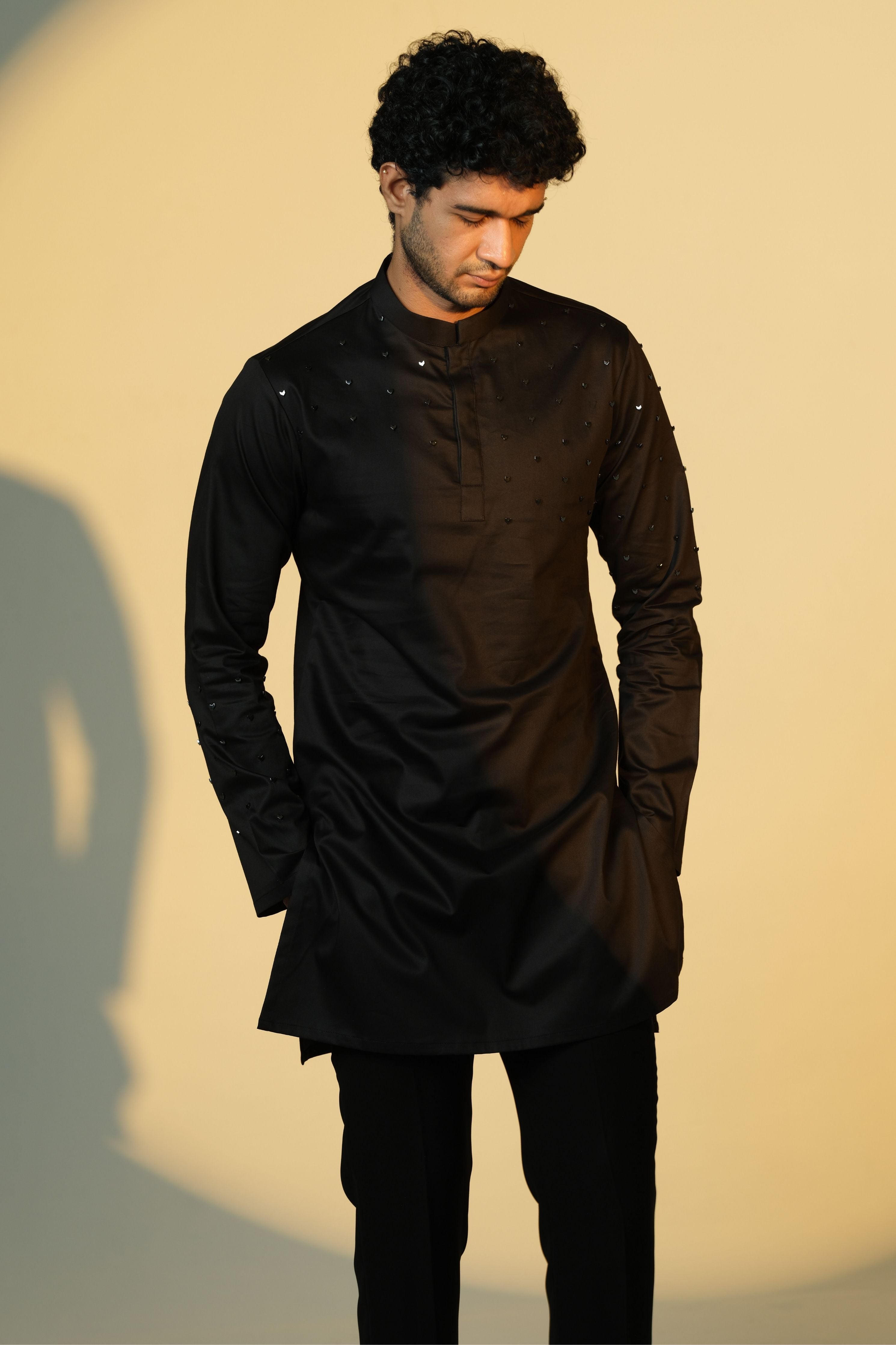 Black Kurta With Arrows On Sleeves & Shoulder Chitha Work
