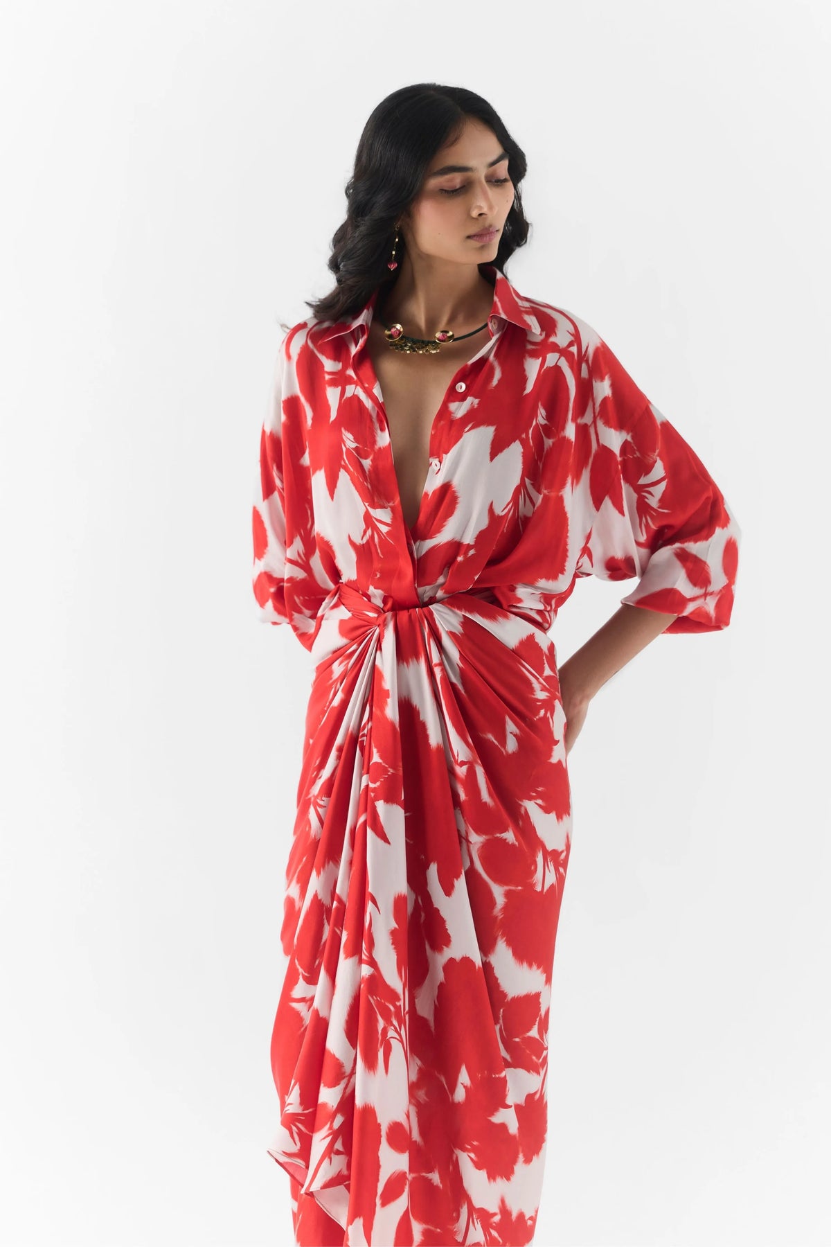 Red Ink Draped Shirt Dress