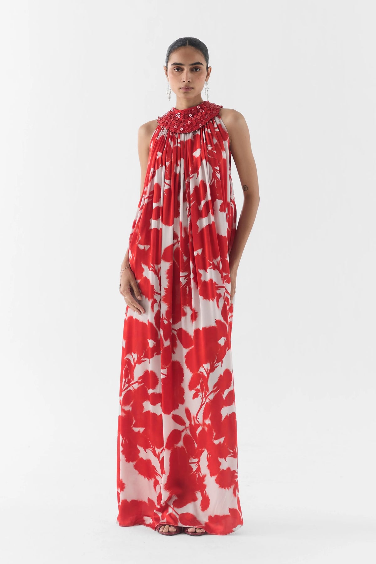 Red Ink Halter Dress With Collar