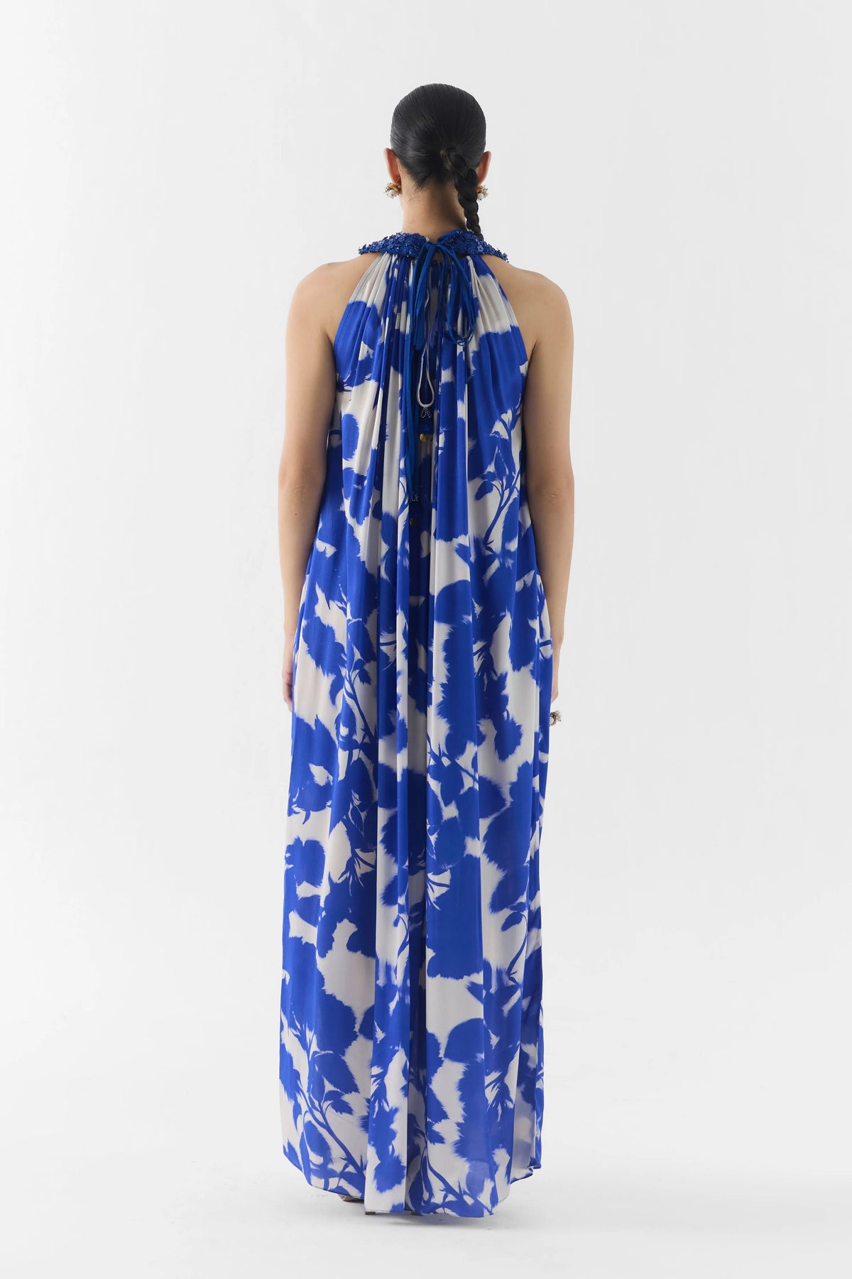 Blue Ink Halter Dress With Collar