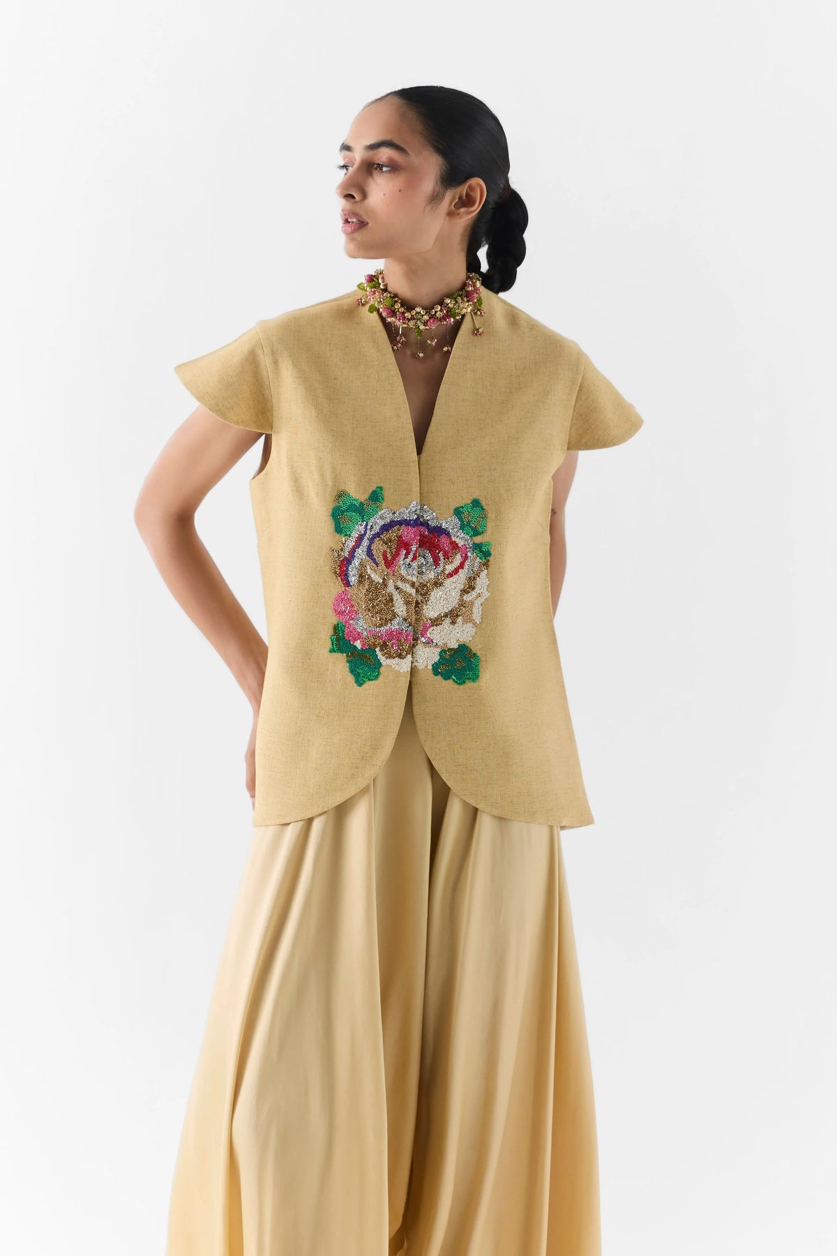 Gold Garden Rose Vest And Dhoti Pants