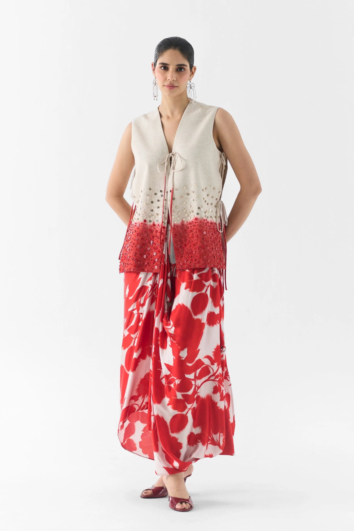 Red Ink Vest And Dhoti Pants