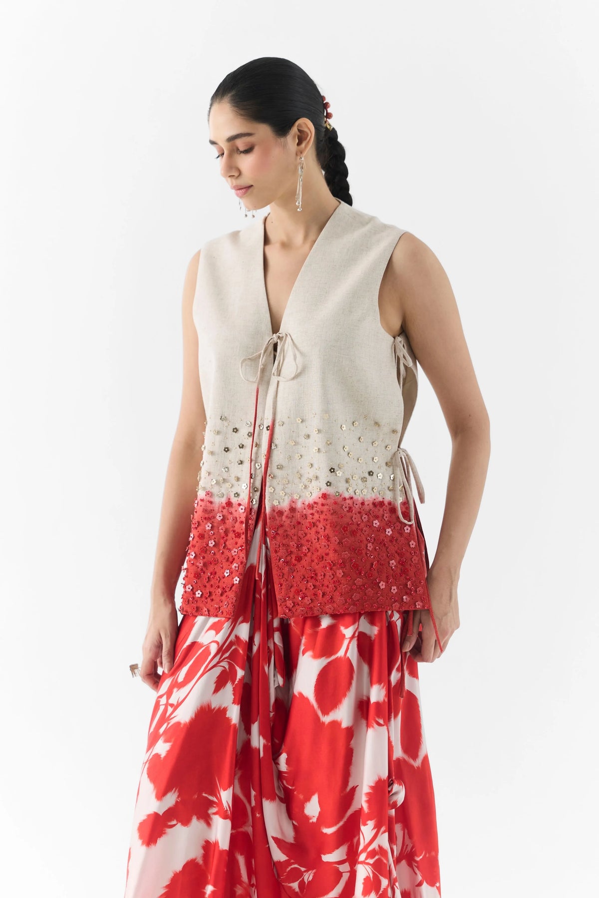 Red Ink Vest And Dhoti Pants
