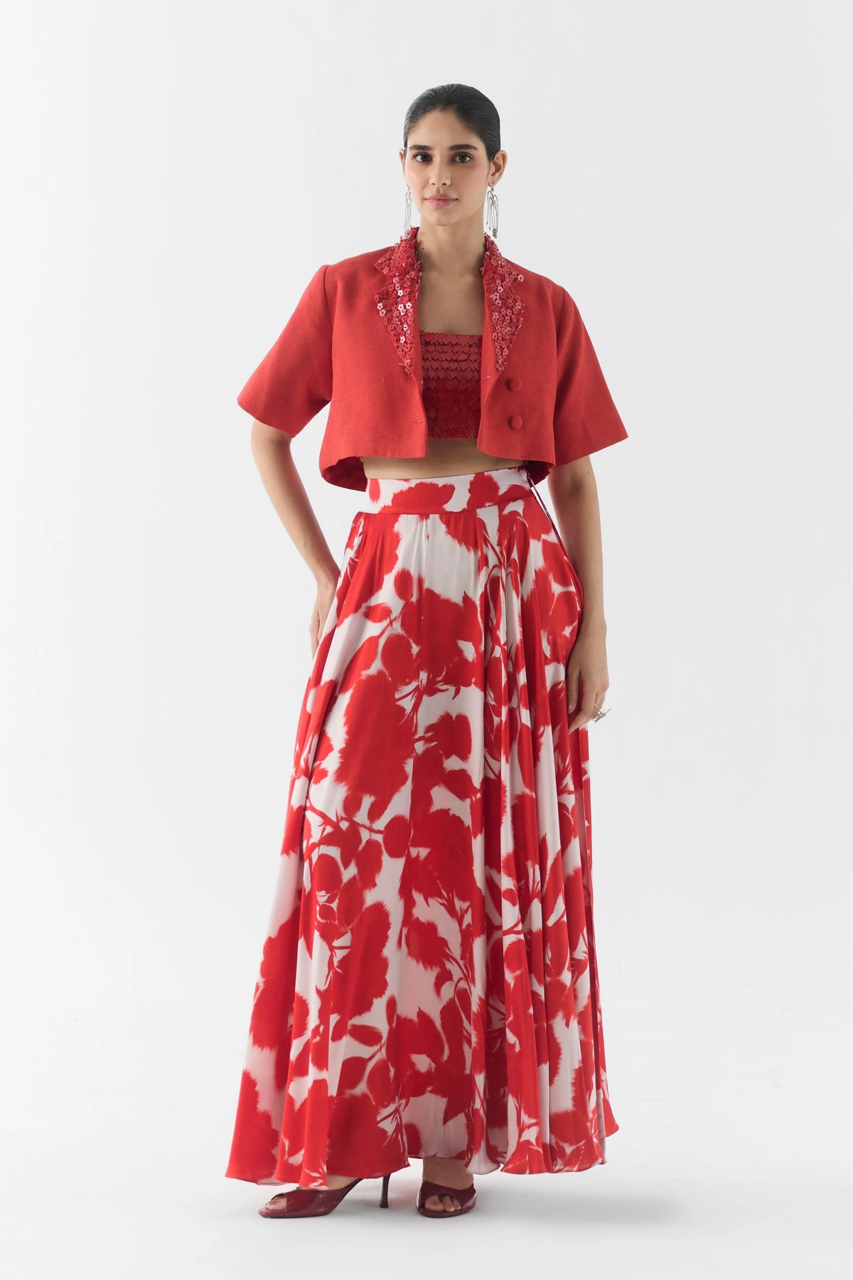Red Ink Leather Blouse With Skirt