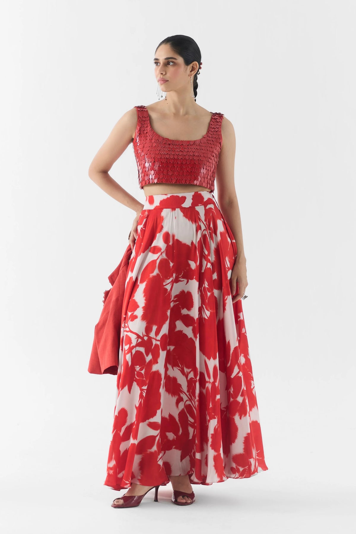 Red Ink Leather Blouse With Skirt