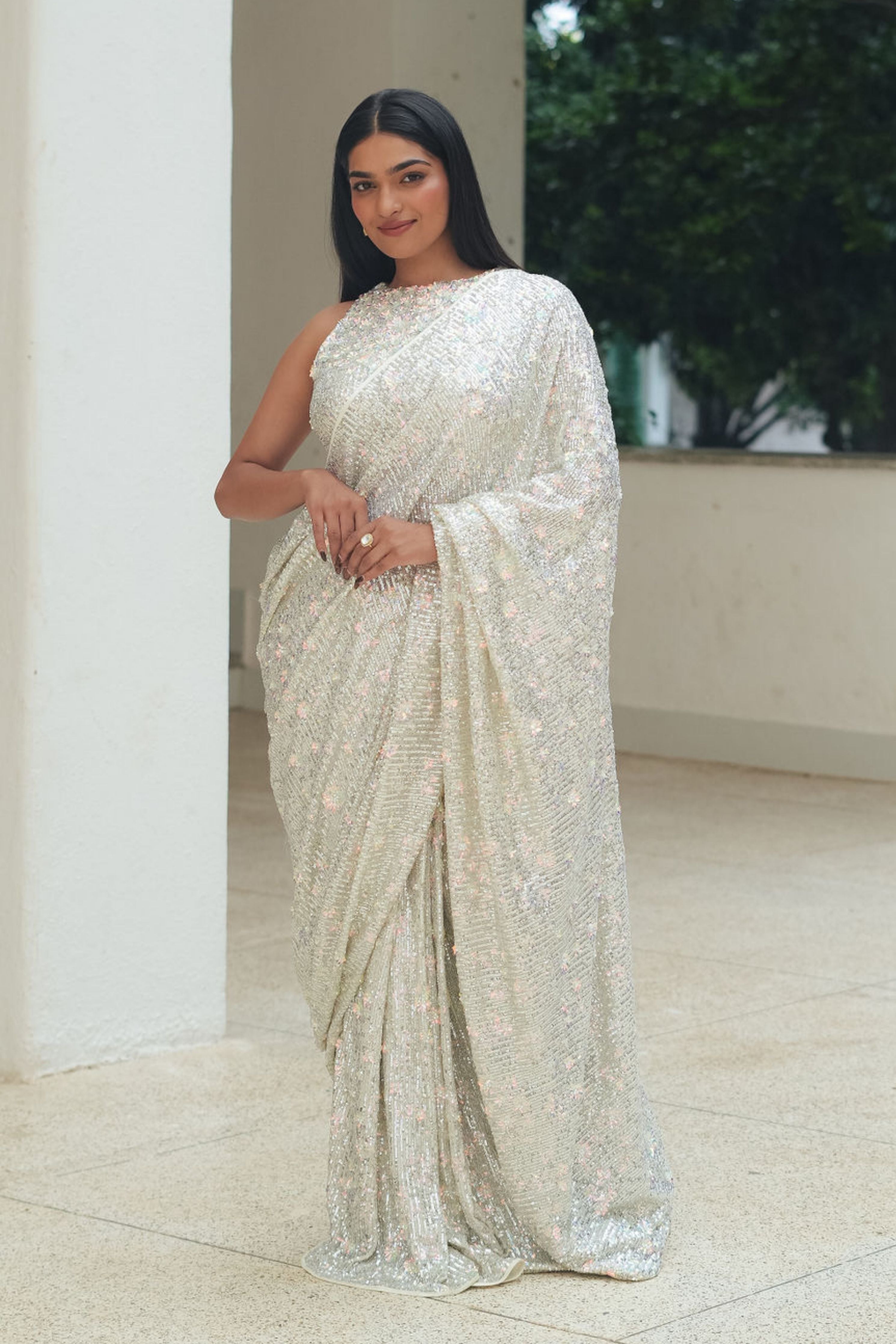 Silver Flower Sequin Drape Saree