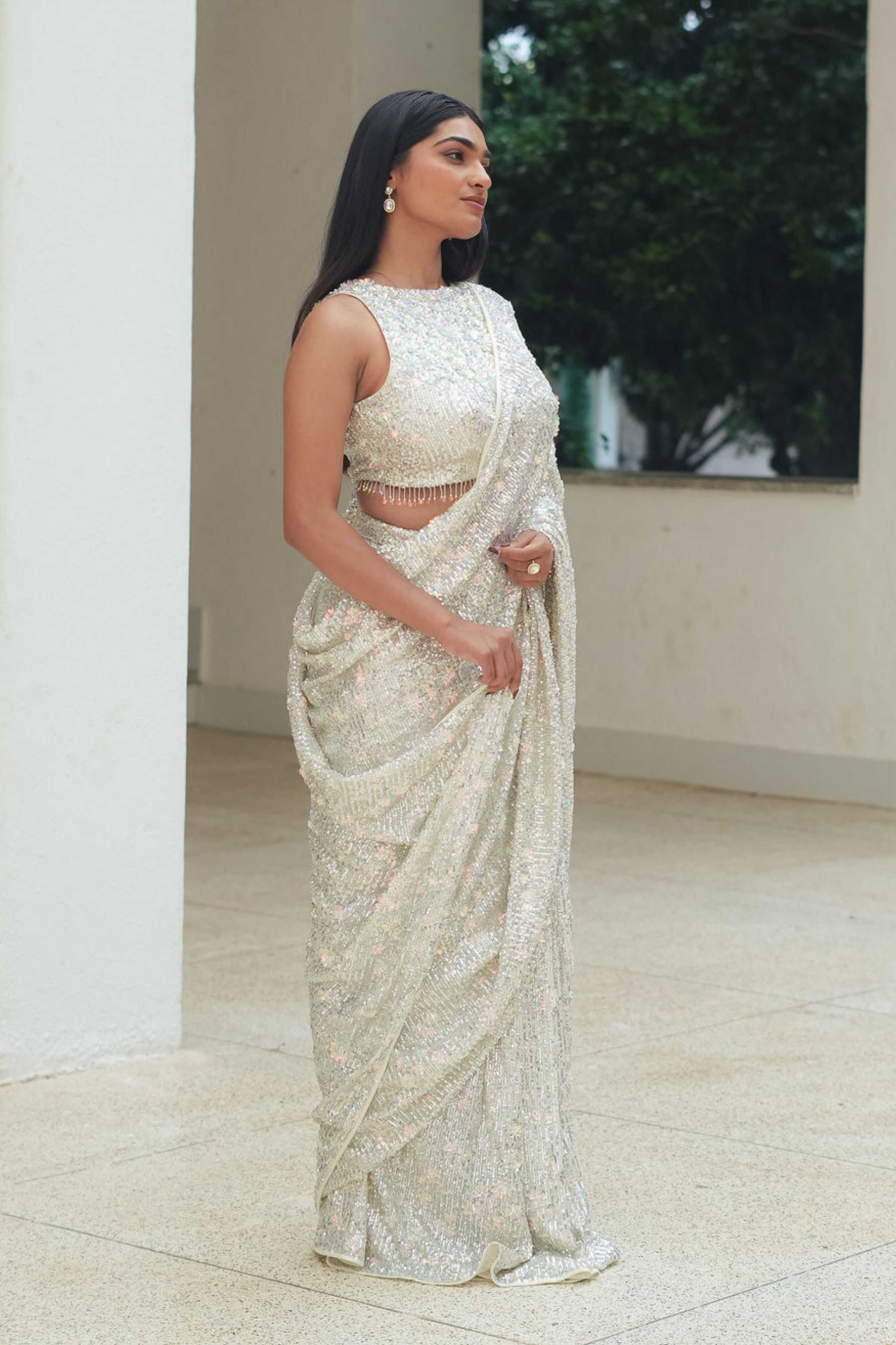 Silver Flower Sequin Drape Saree