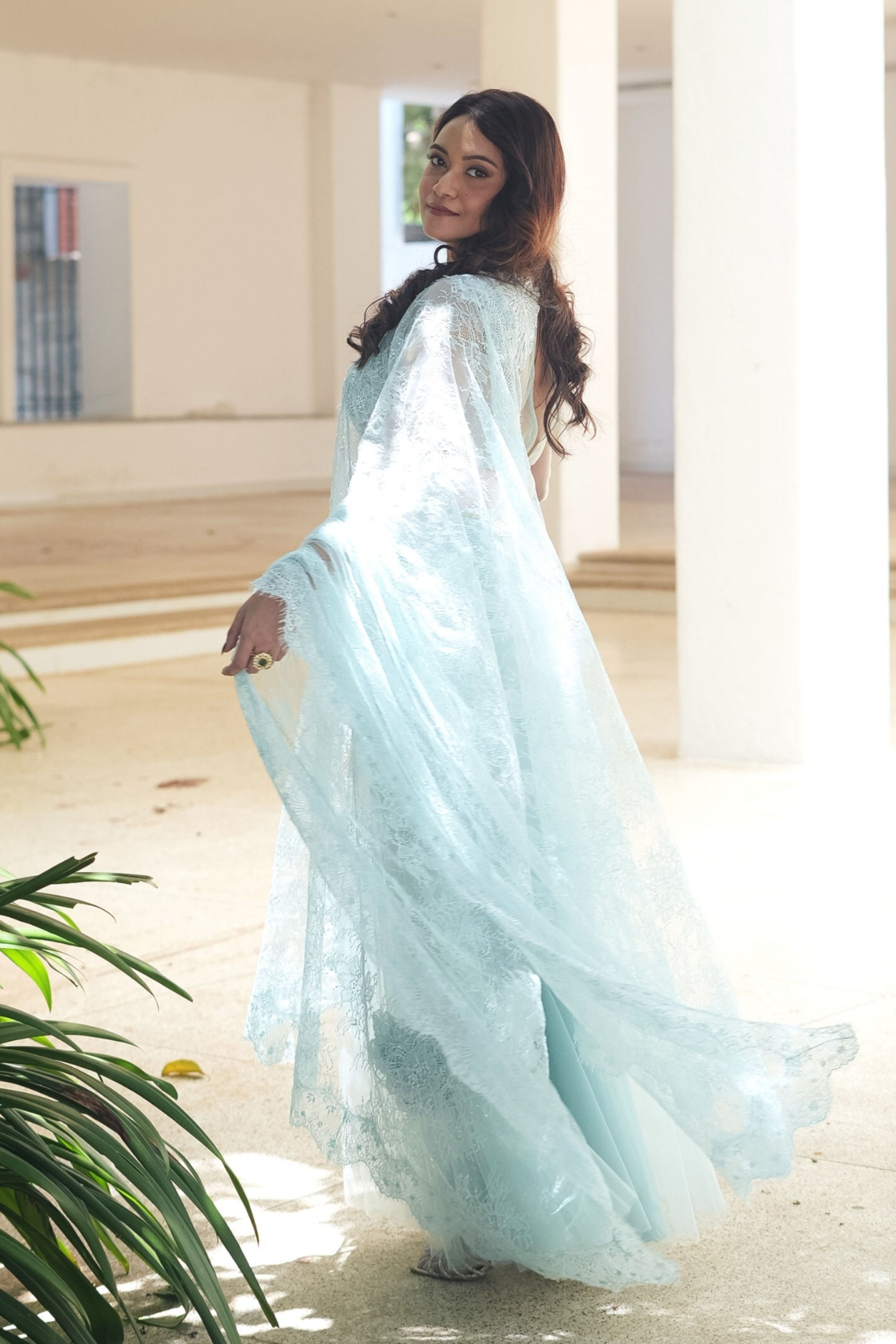 Blue Chantily Sequin Lehenga Saree