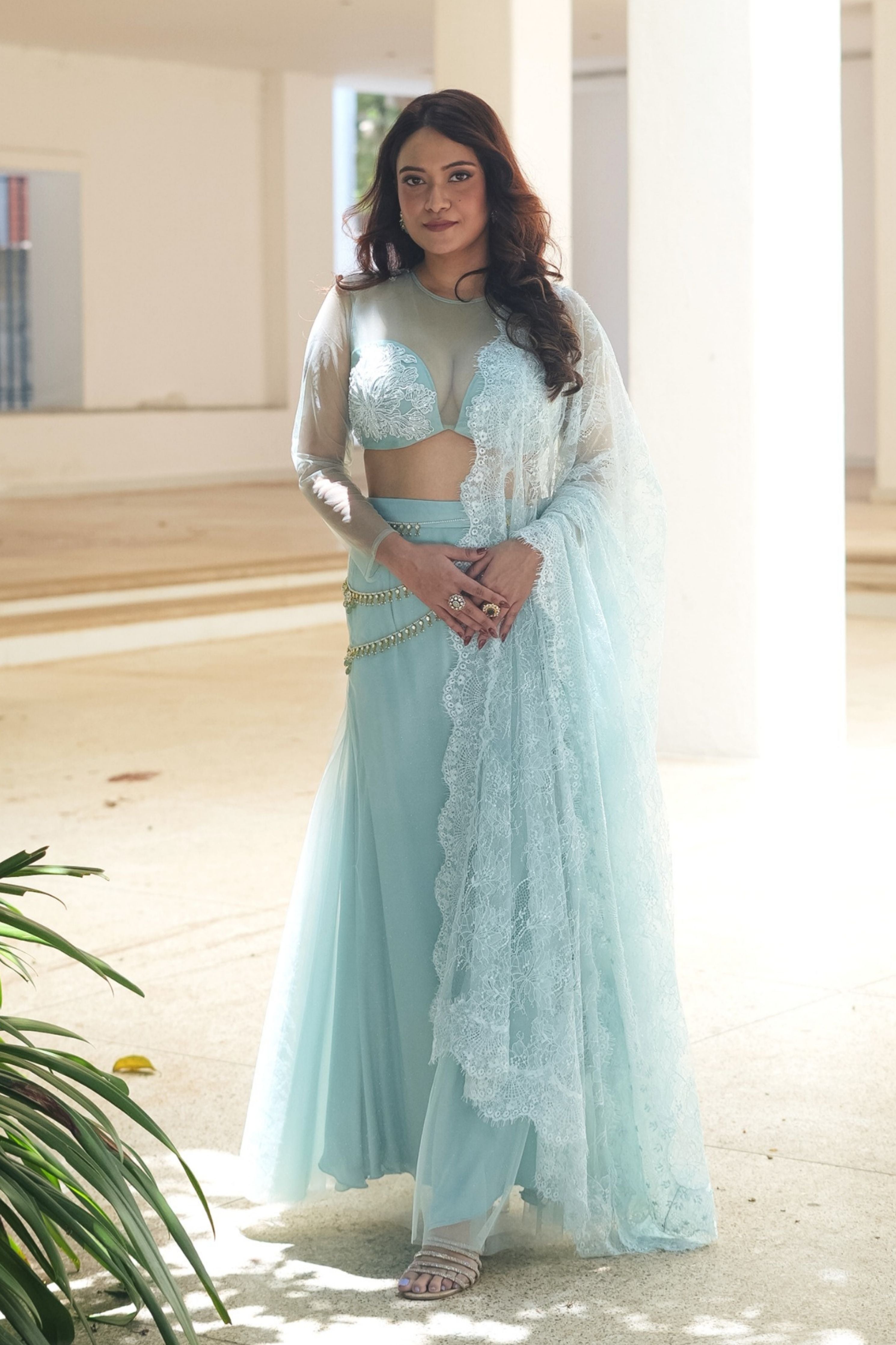 Blue Chantily Sequin Lehenga Saree