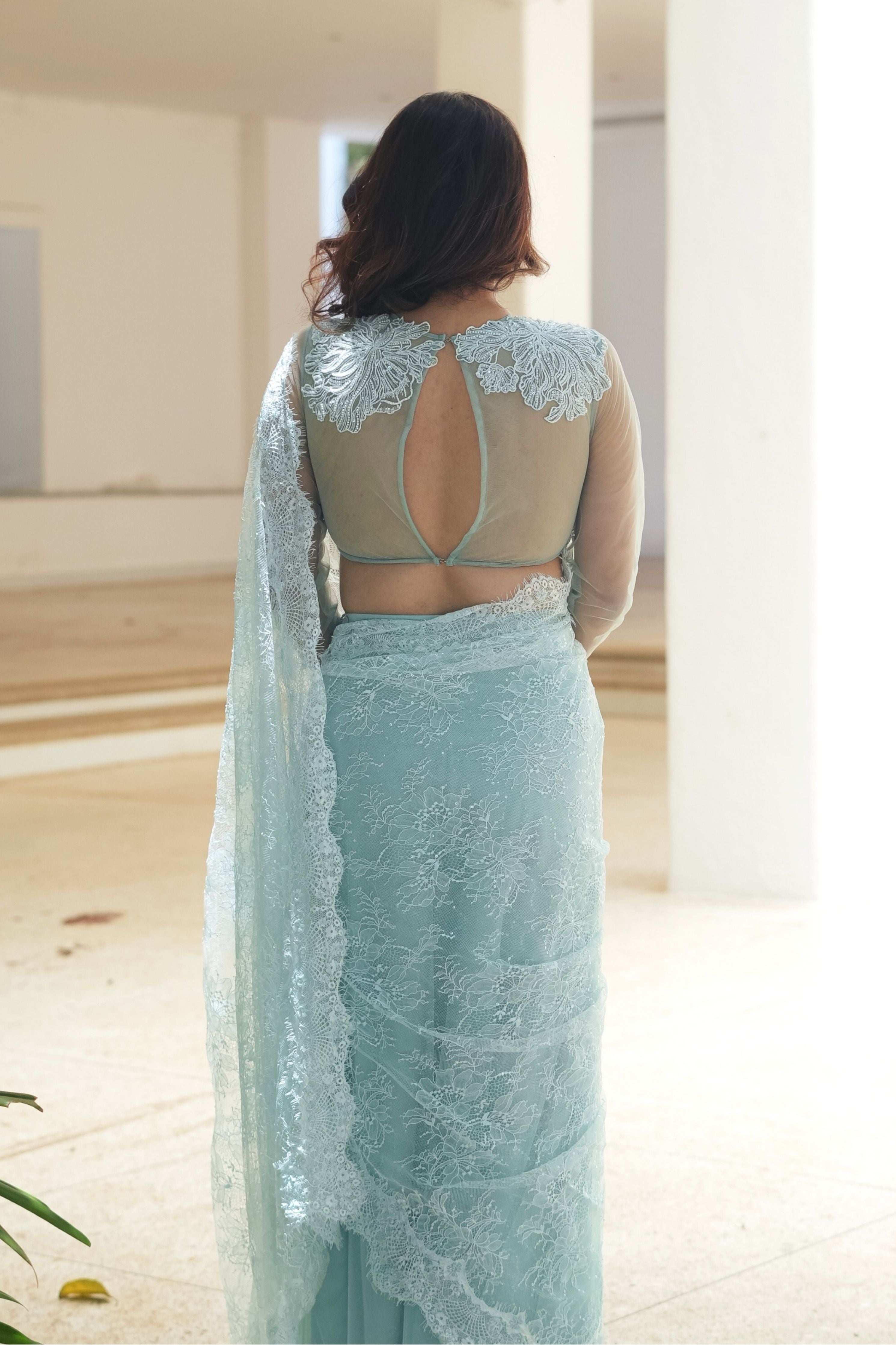 Blue Chantily Sequin Lehenga Saree