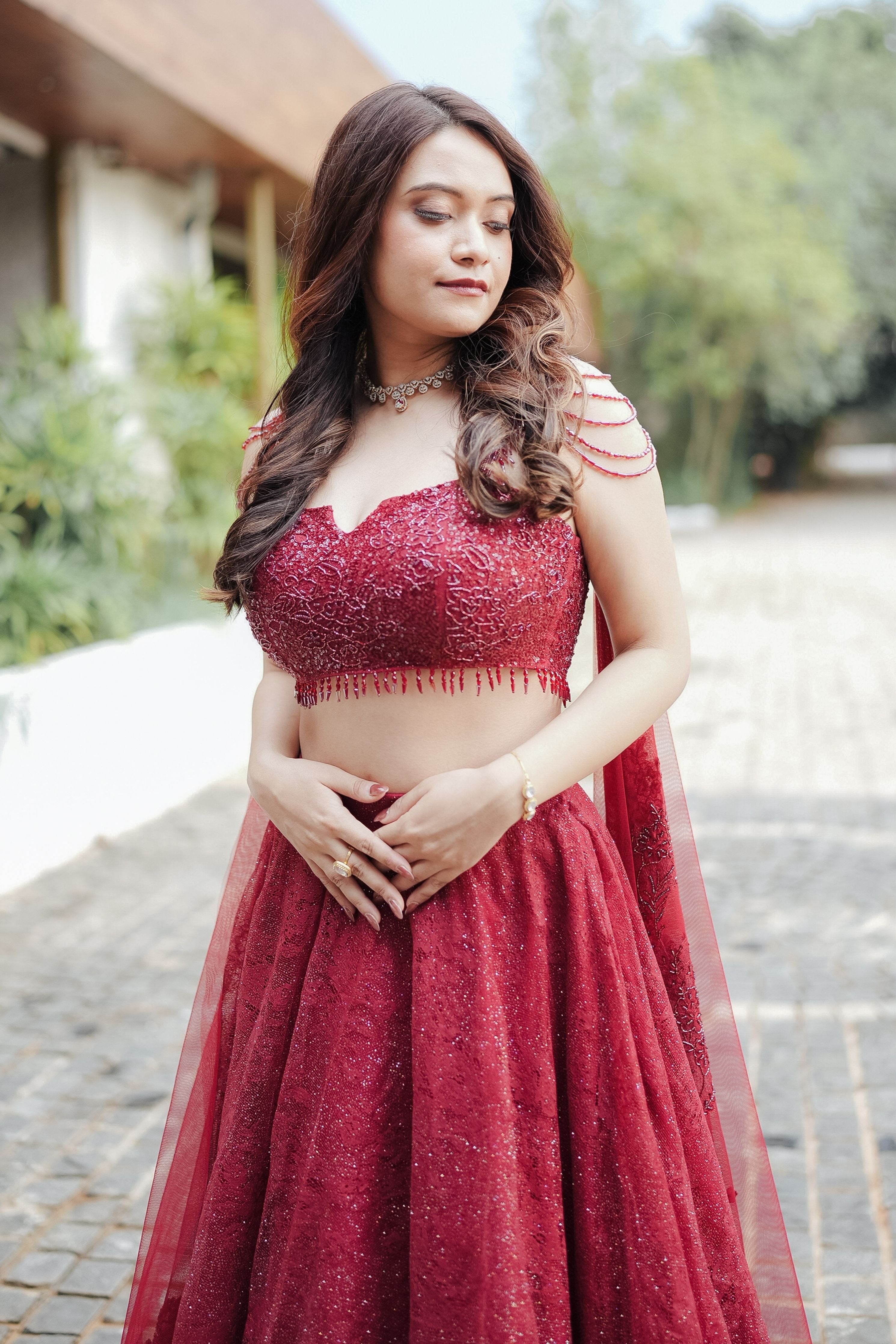 Maroon Chantilly Crystal Lehenga Set