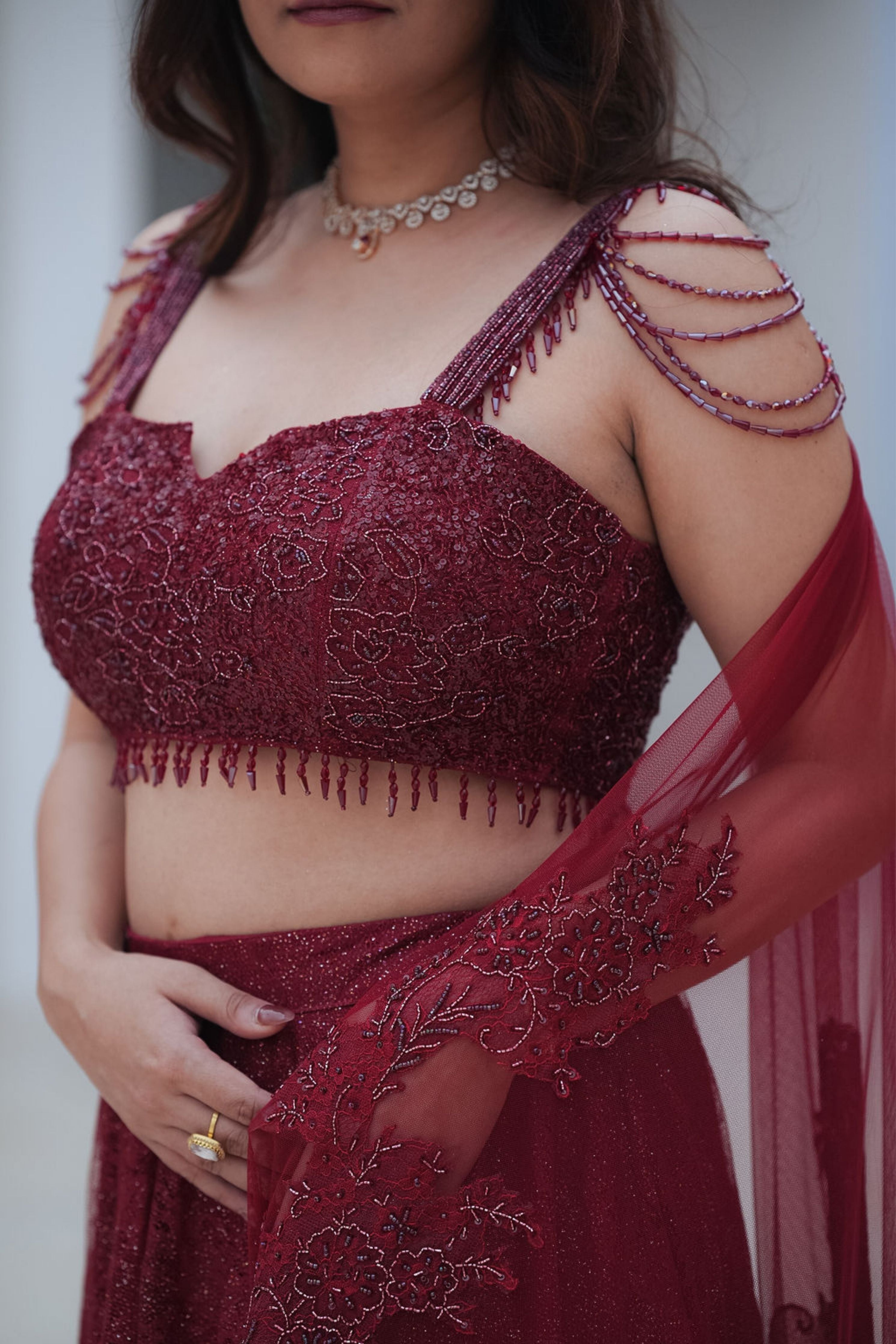 Maroon Chantilly Crystal Lehenga Set