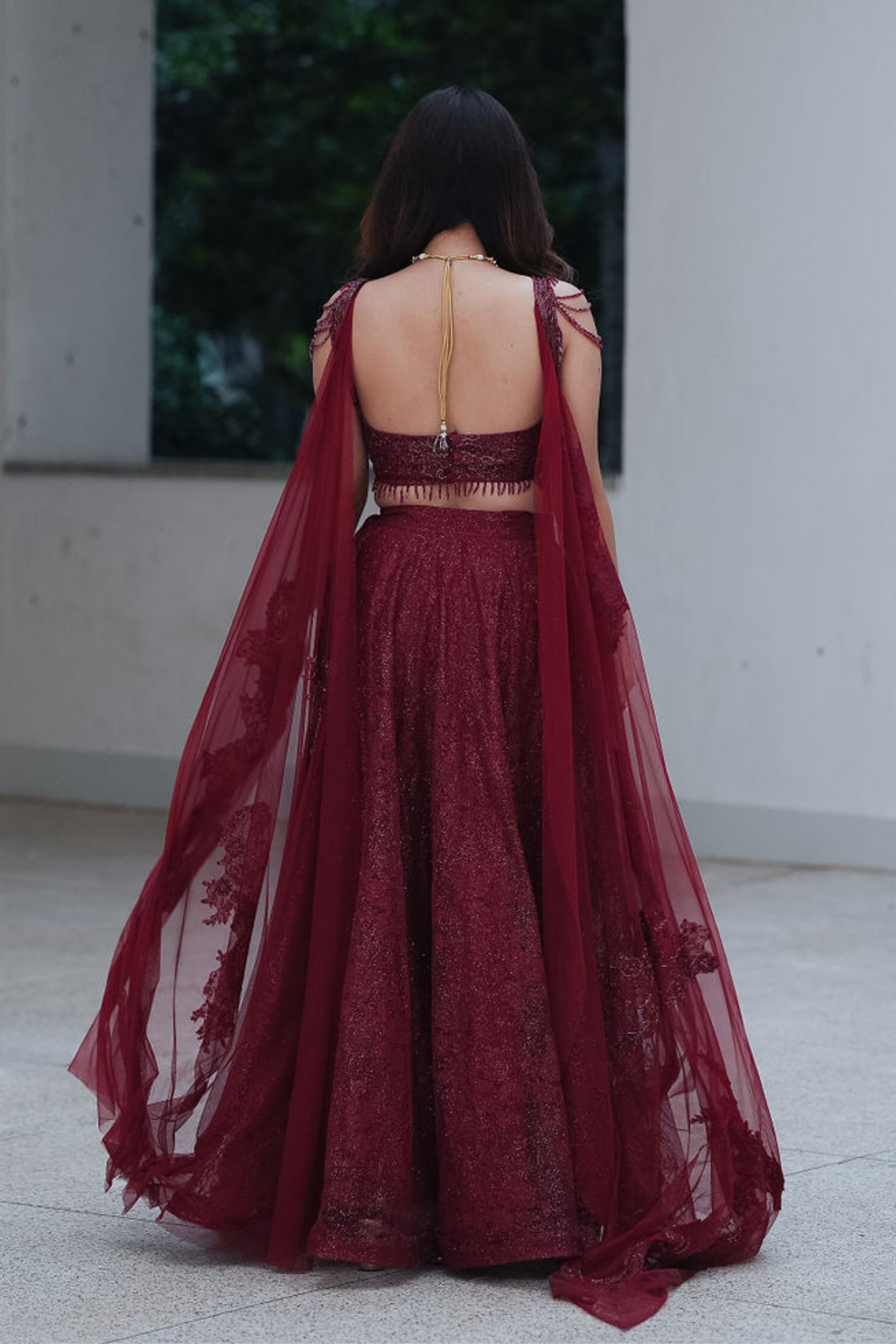 Maroon Chantilly Crystal Lehenga Set