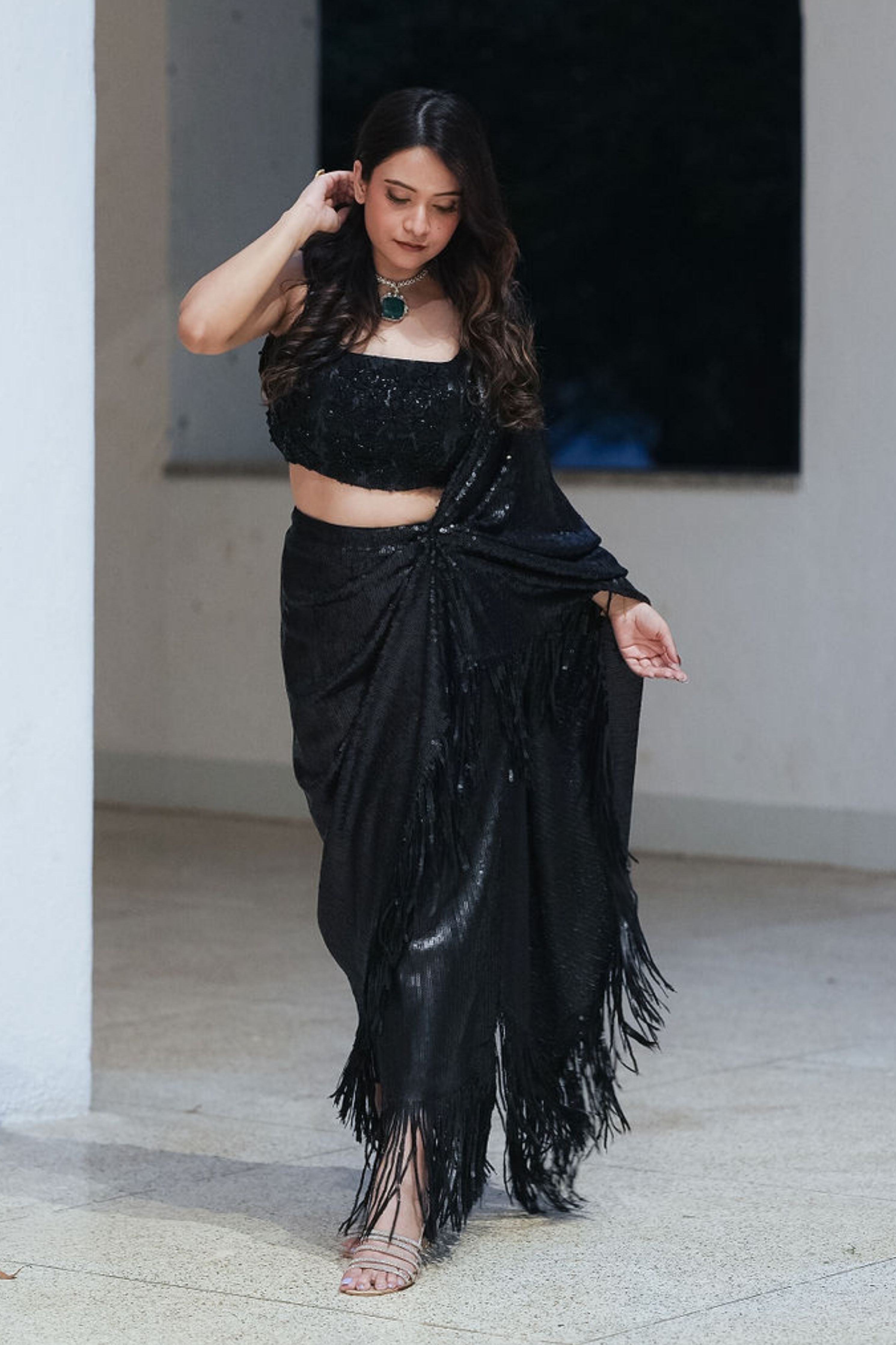 Fringe Sequin Drape Saree