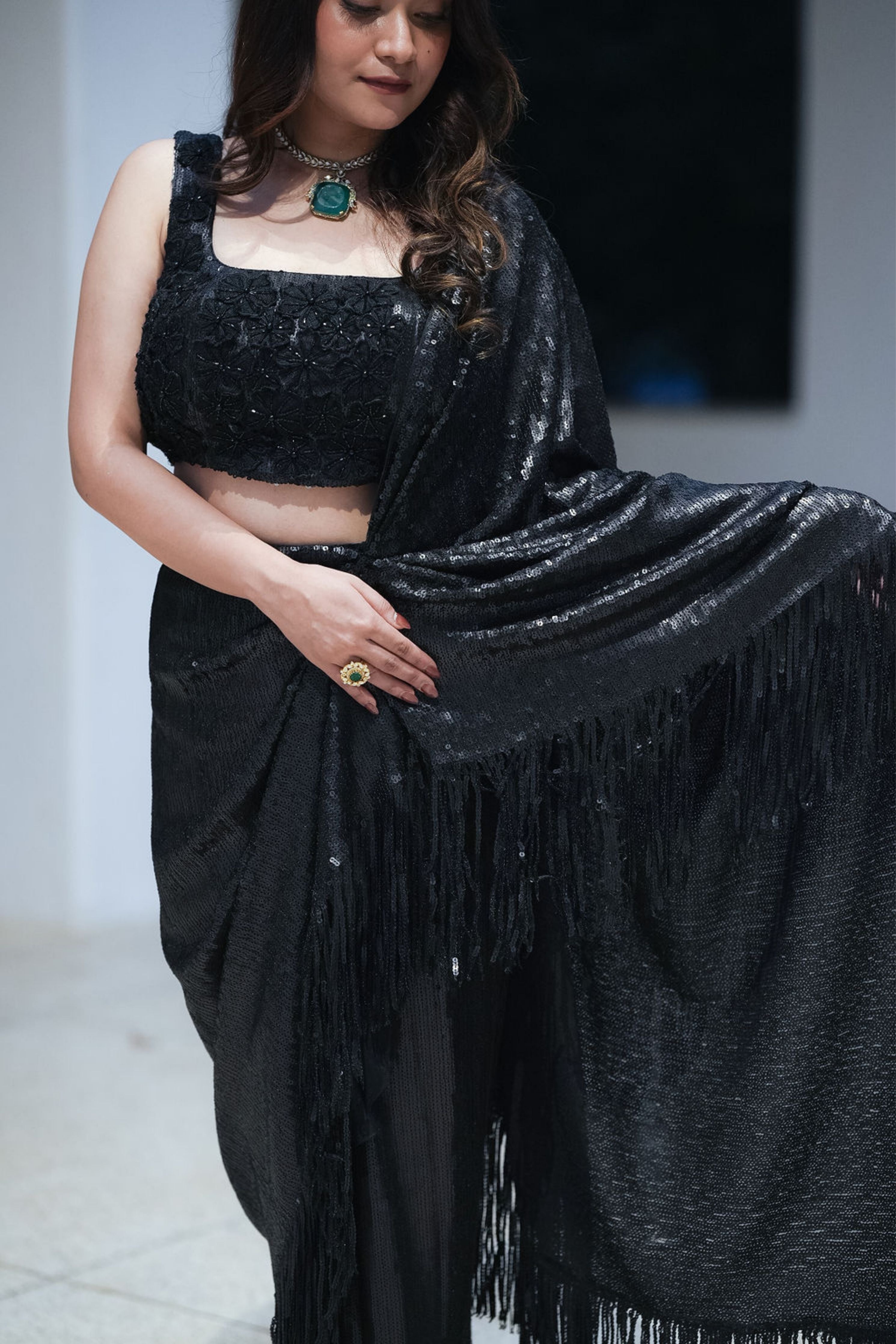 Fringe Sequin Drape Saree