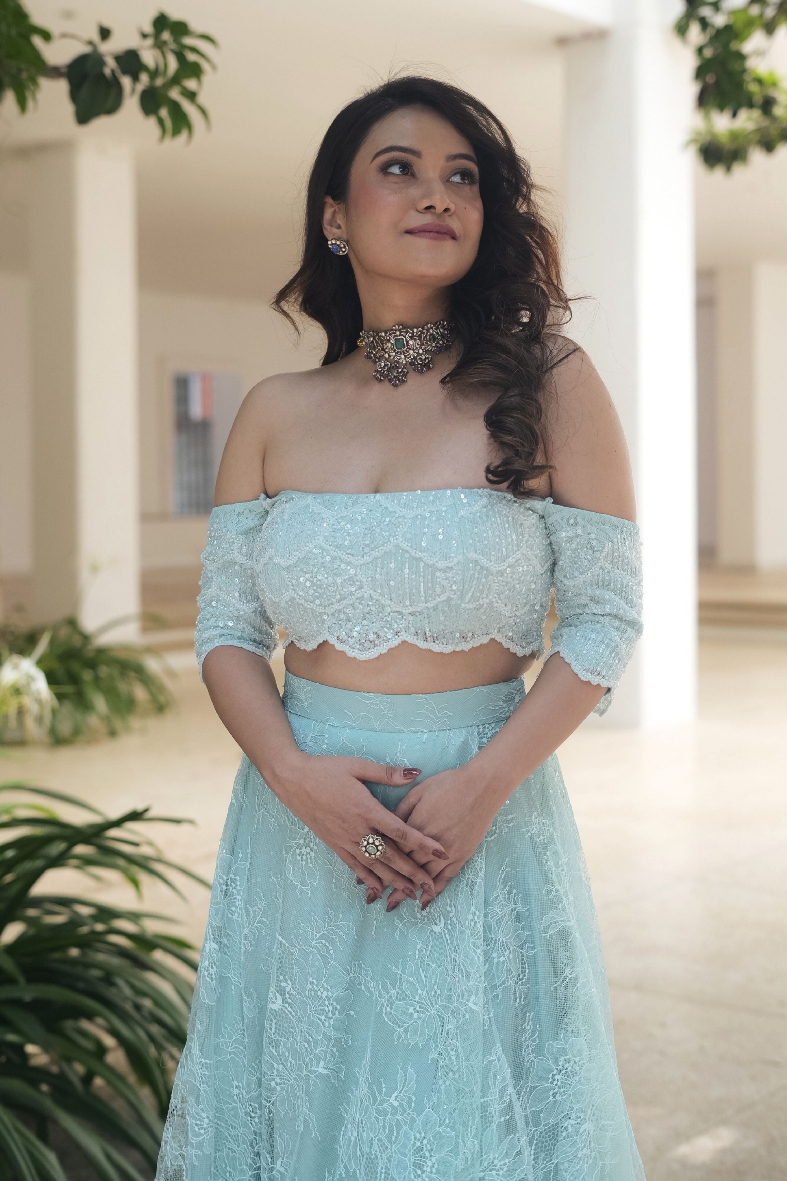 Off Shoulder Bloue Skirt Set