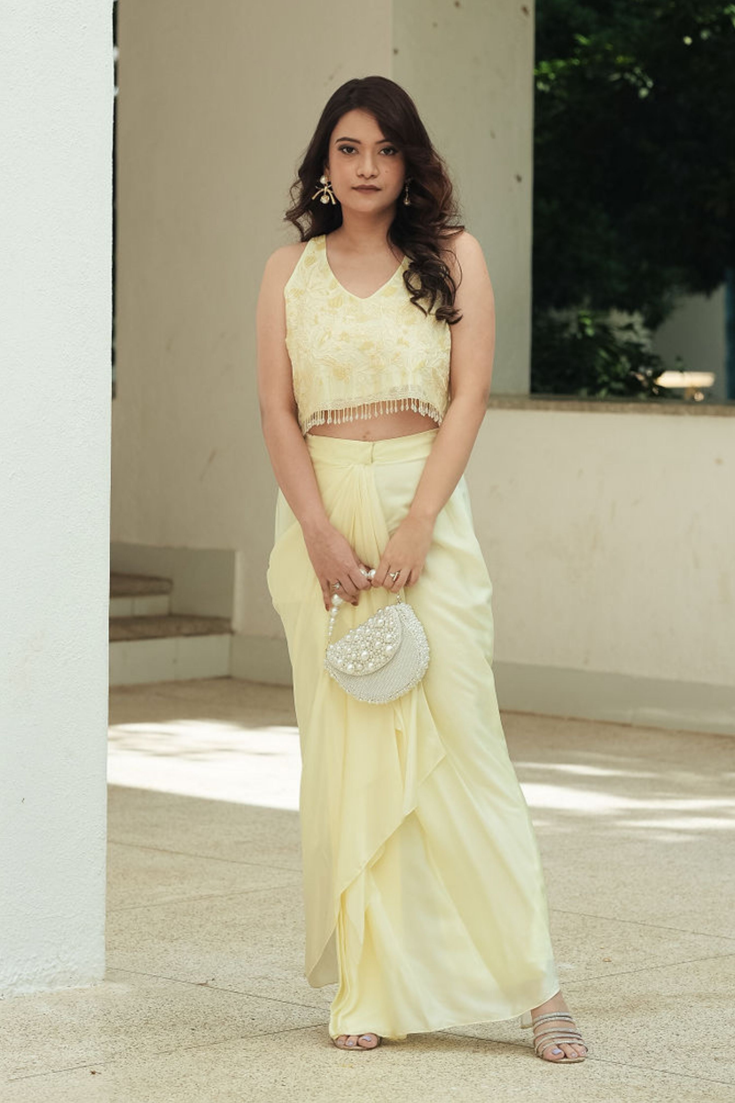Yellow Monotone Drape Skirt Set