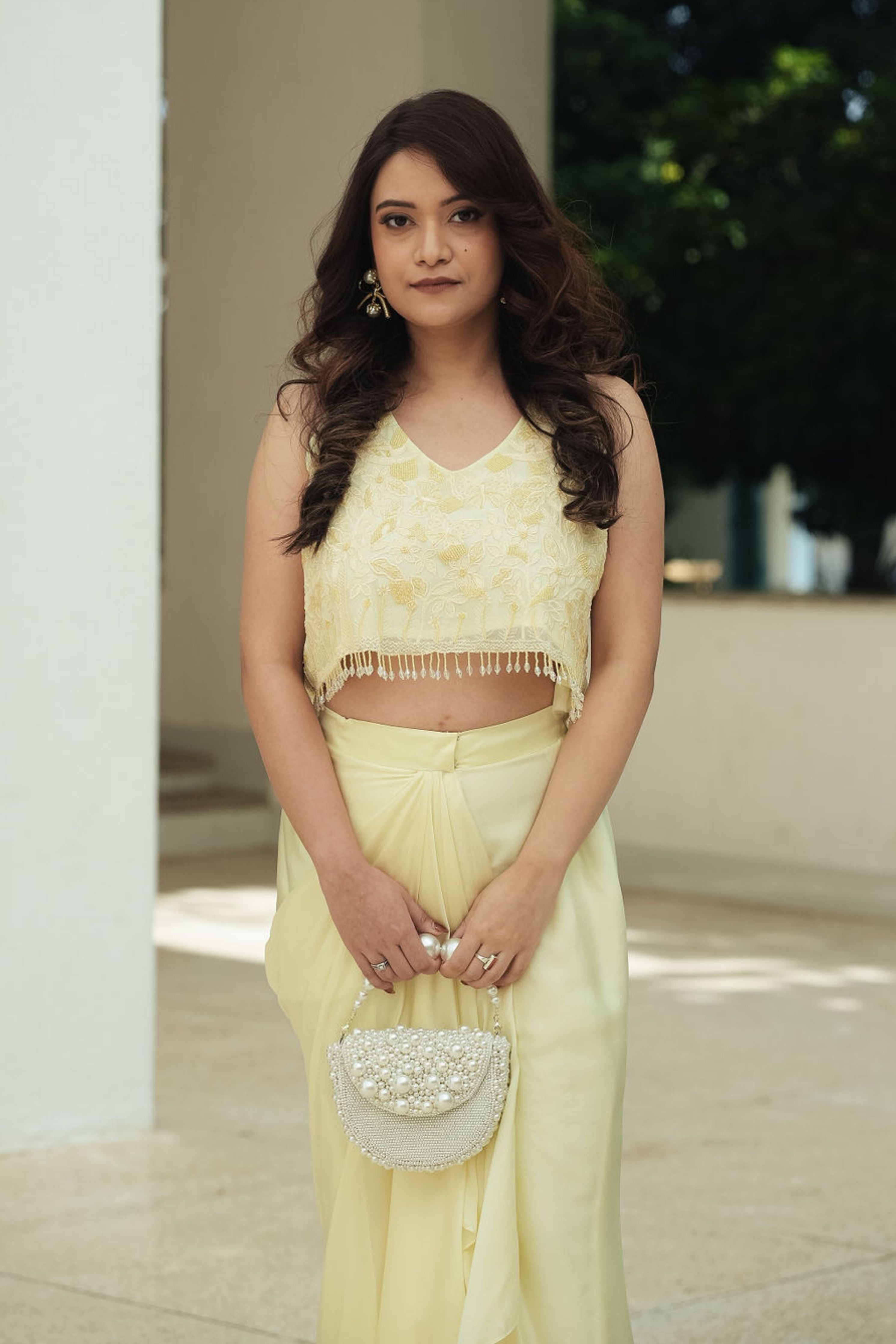 Yellow Monotone Drape Skirt Set