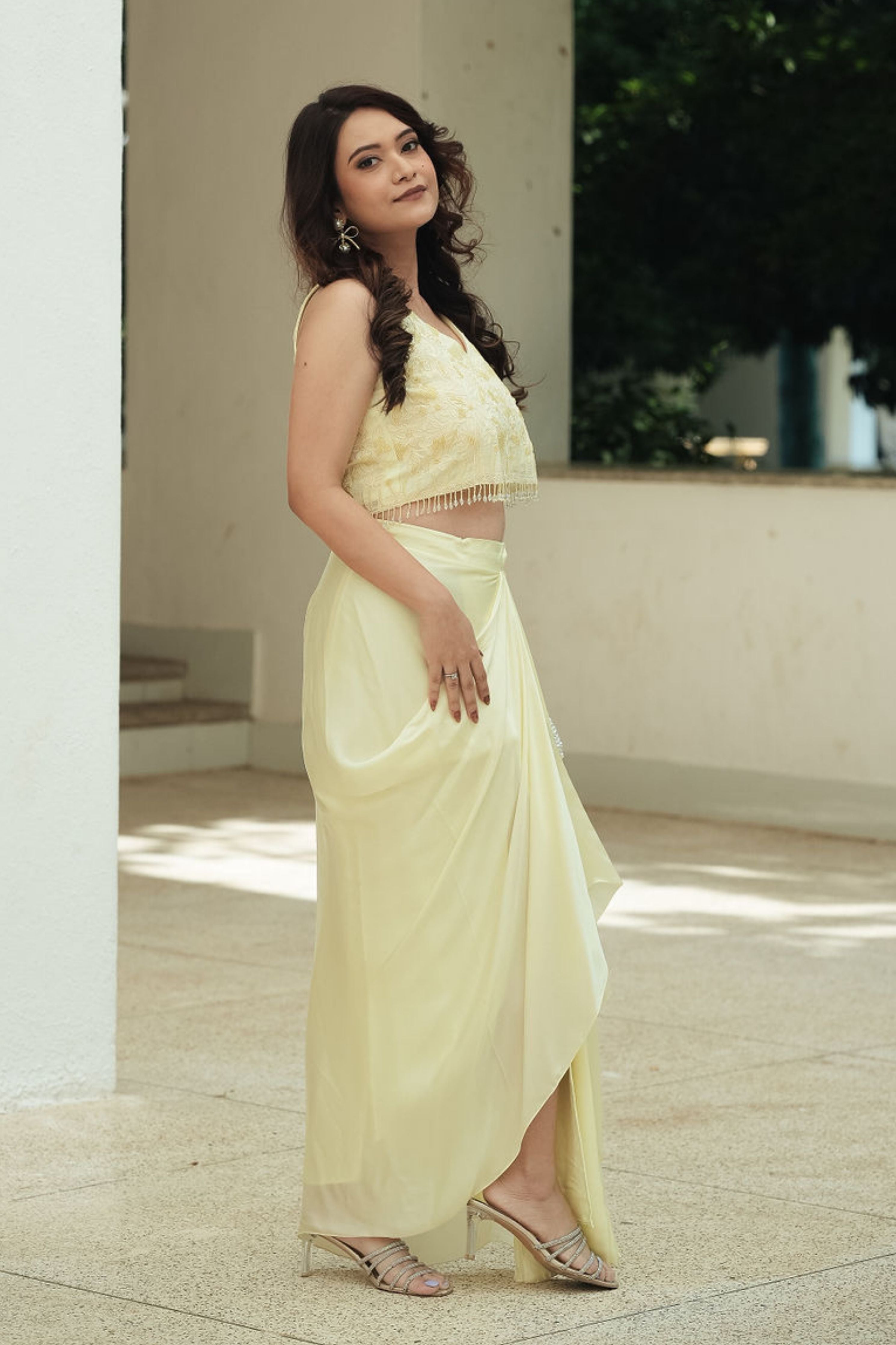 Yellow Monotone Drape Skirt Set