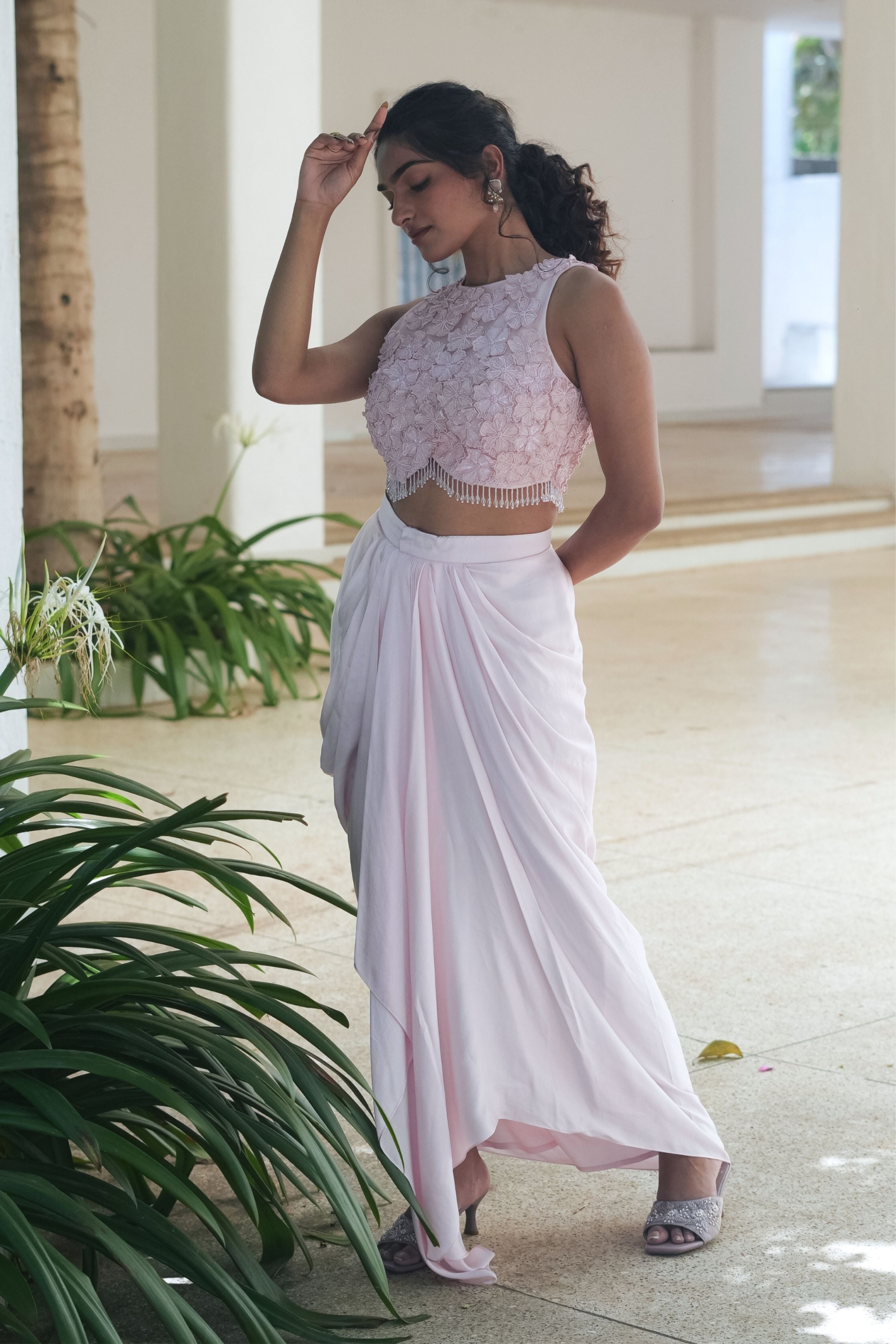 Pink Monotone Drape Skirt Set