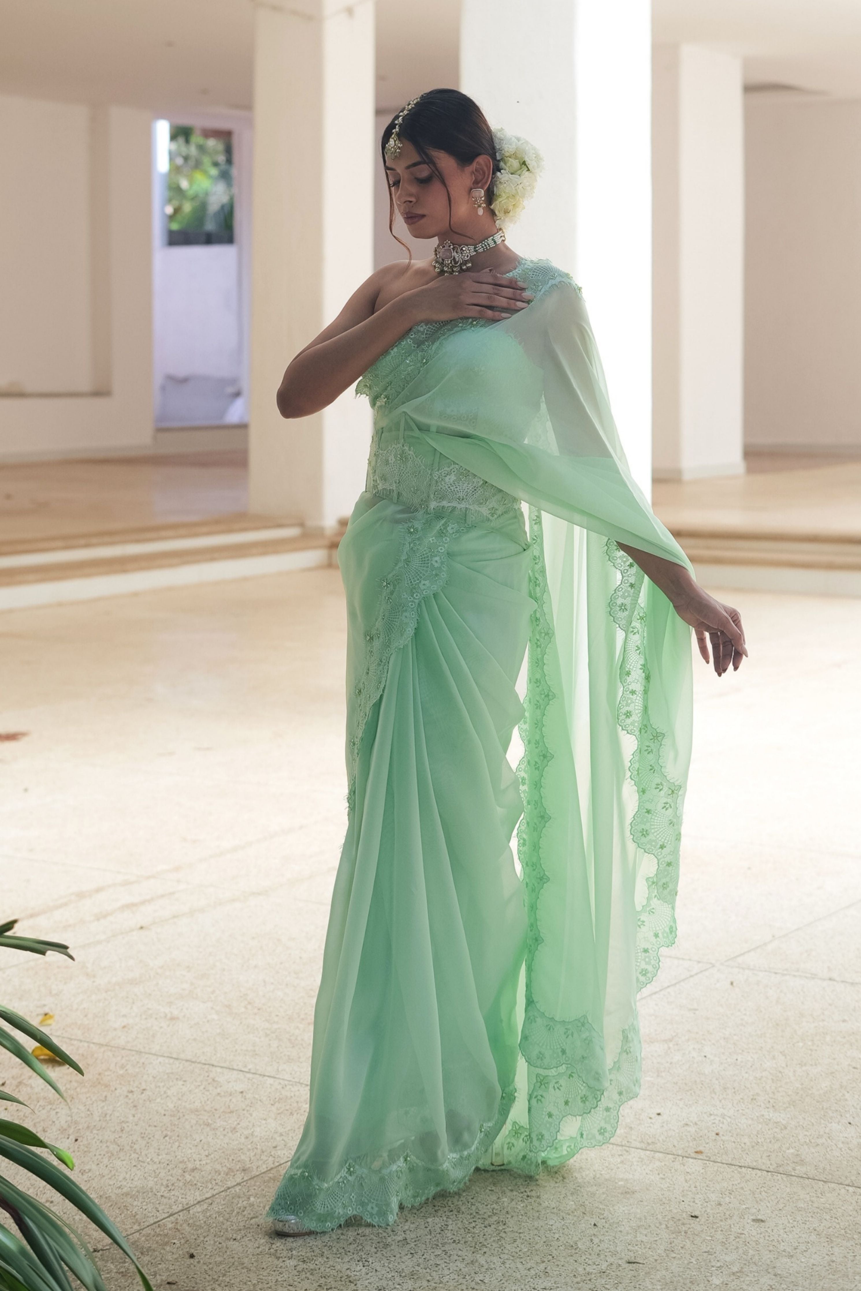 Pastel Green Chantilly Saree Set