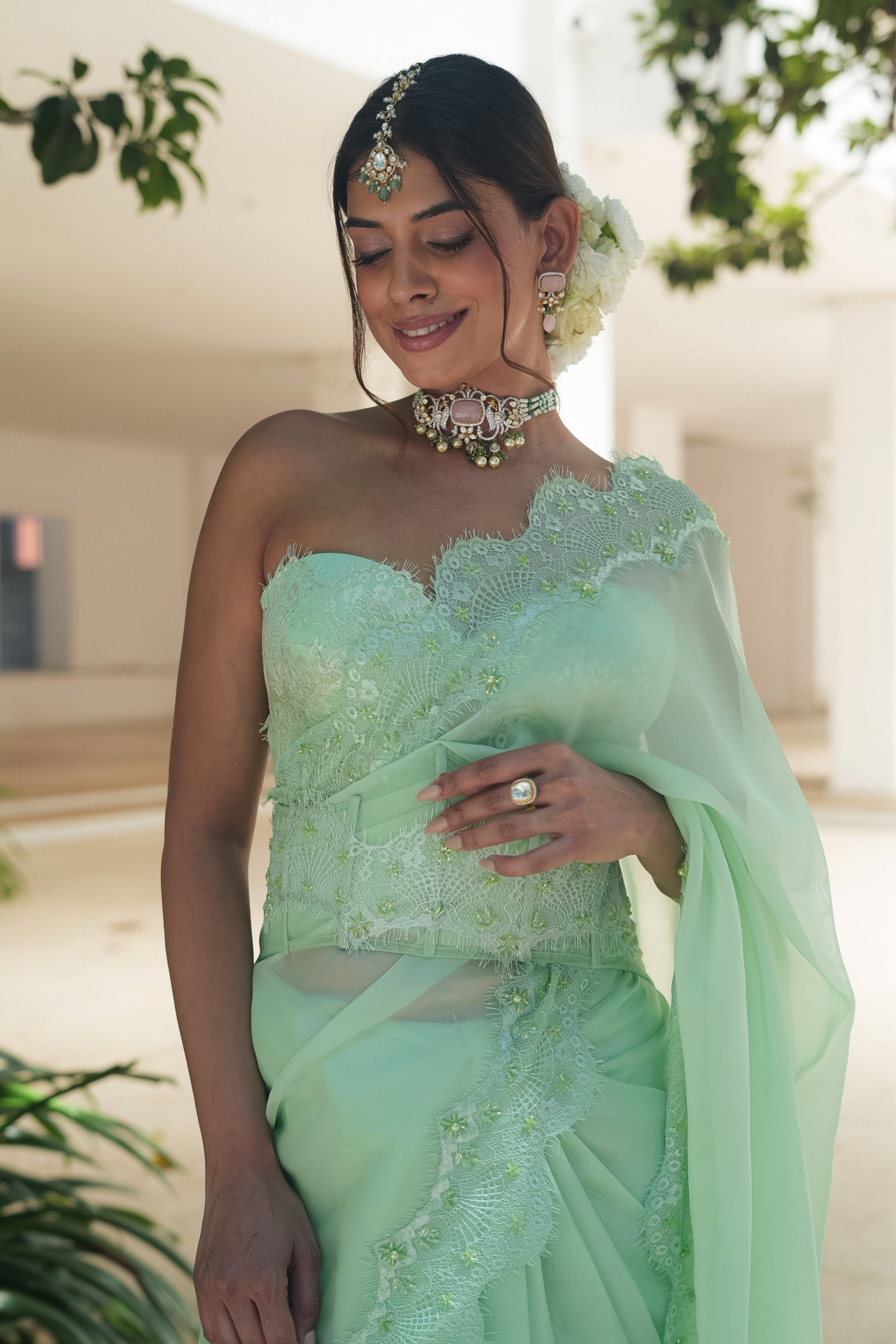 Pastel Green Chantilly Saree Set