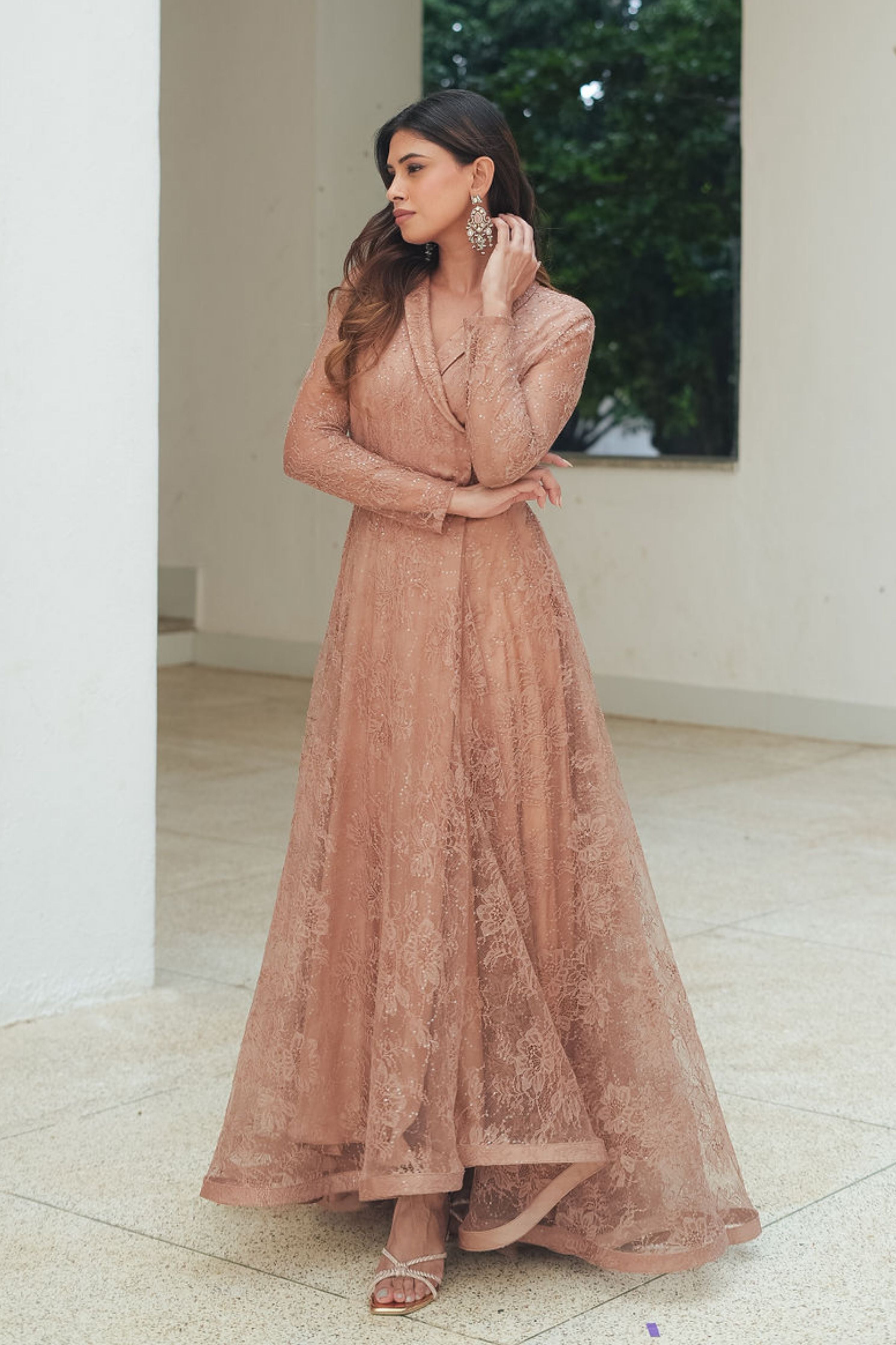 Sequin Chantilly Lapel Gown