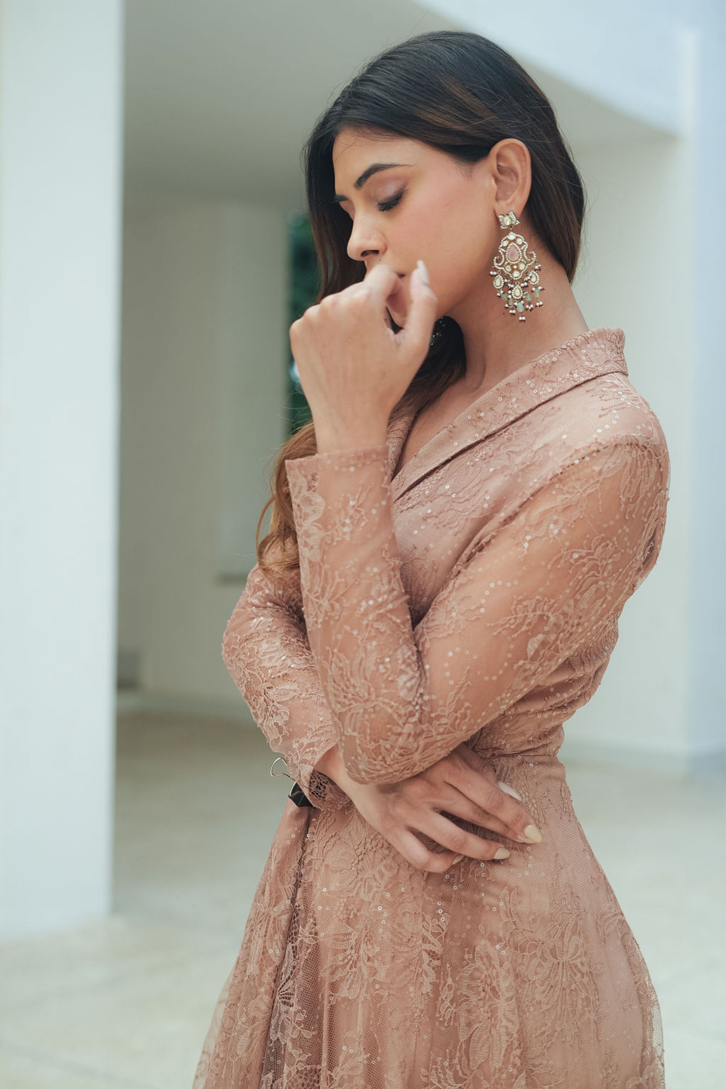 Sequin Chantilly Lapel Gown